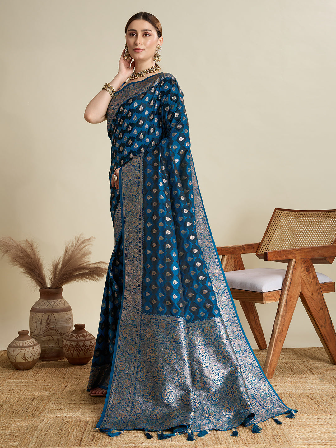 Dwija Fashion Peocock Blue Wedding Wear Satin Jari Motifs All Over Pallu And Saree With Unstitched Blouse