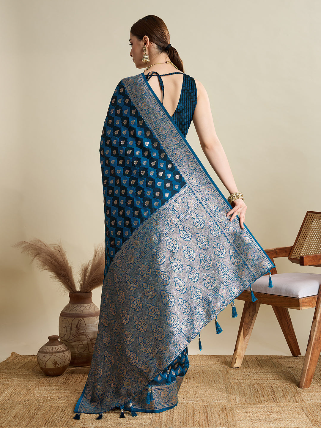 Dwija Fashion Peocock Blue Wedding Wear Satin Jari Motifs All Over Pallu And Saree With Unstitched Blouse
