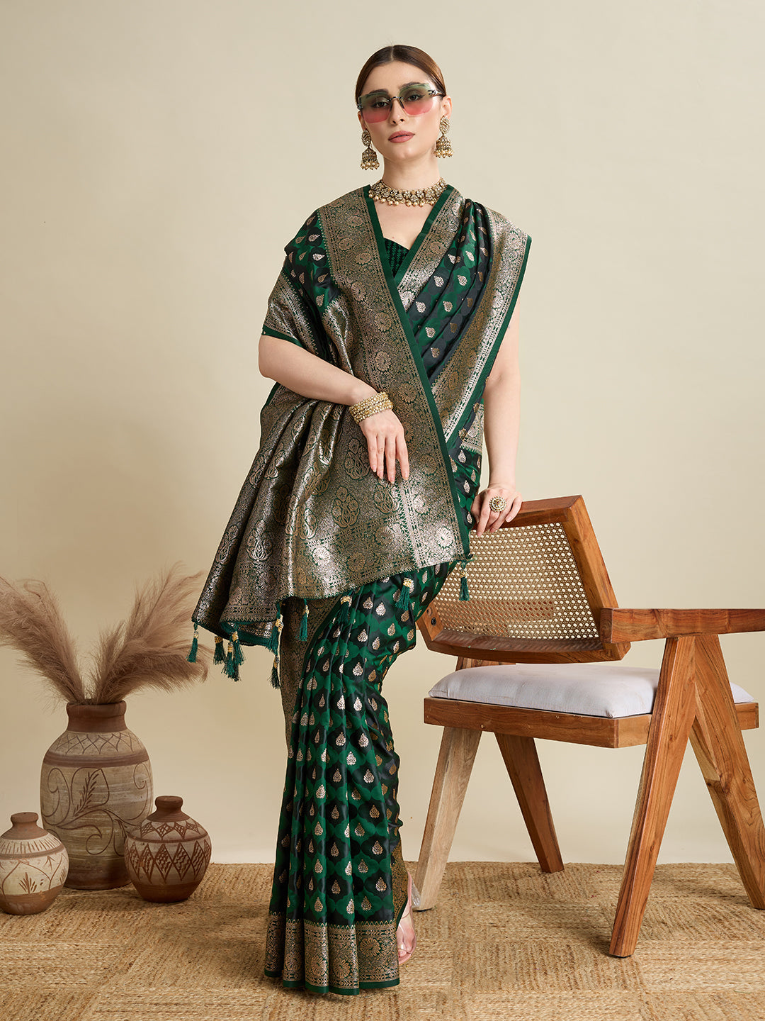 Dwija Fashion Deep Green Wedding Wear Satin Jari Motifs All Over Pallu And Saree With Unstitched Blouse