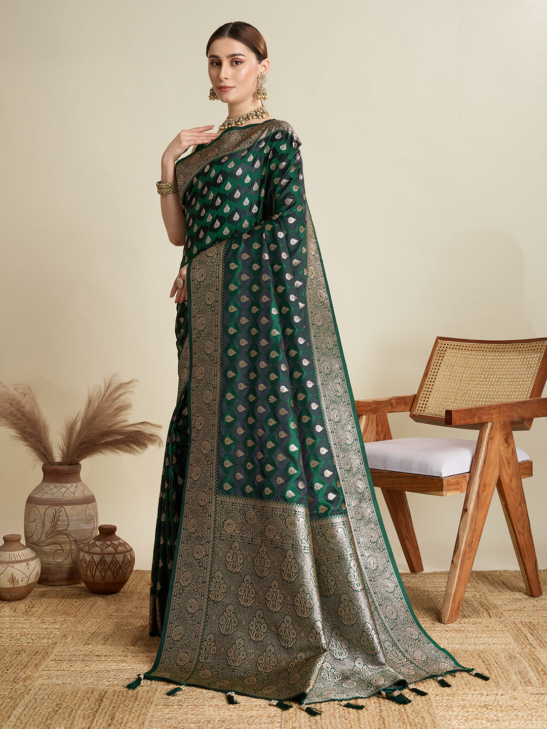 Dwija Fashion Deep Green Wedding Wear Satin Jari Motifs All Over Pallu And Saree With Unstitched Blouse