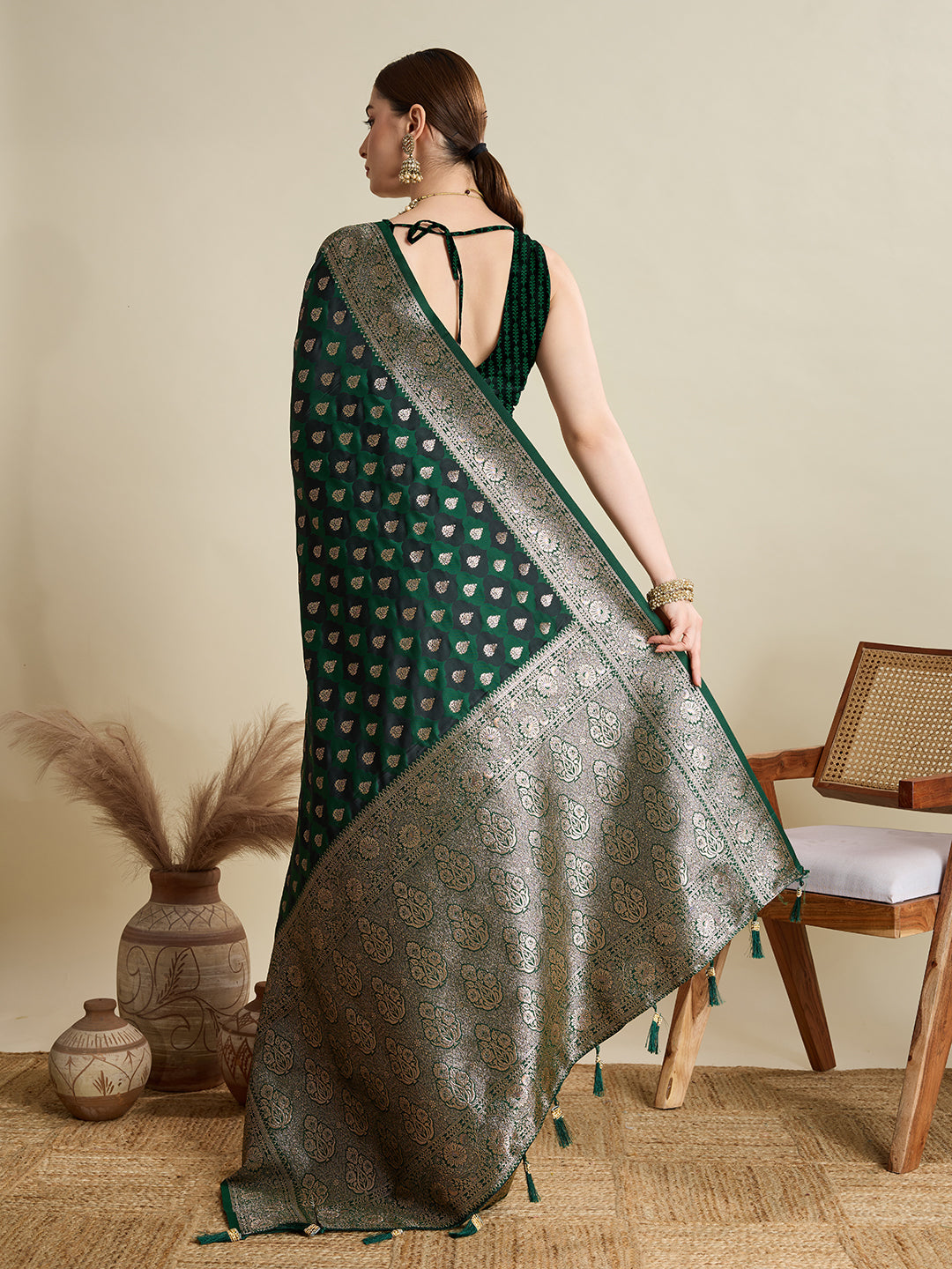 Dwija Fashion Deep Green Wedding Wear Satin Jari Motifs All Over Pallu And Saree With Unstitched Blouse