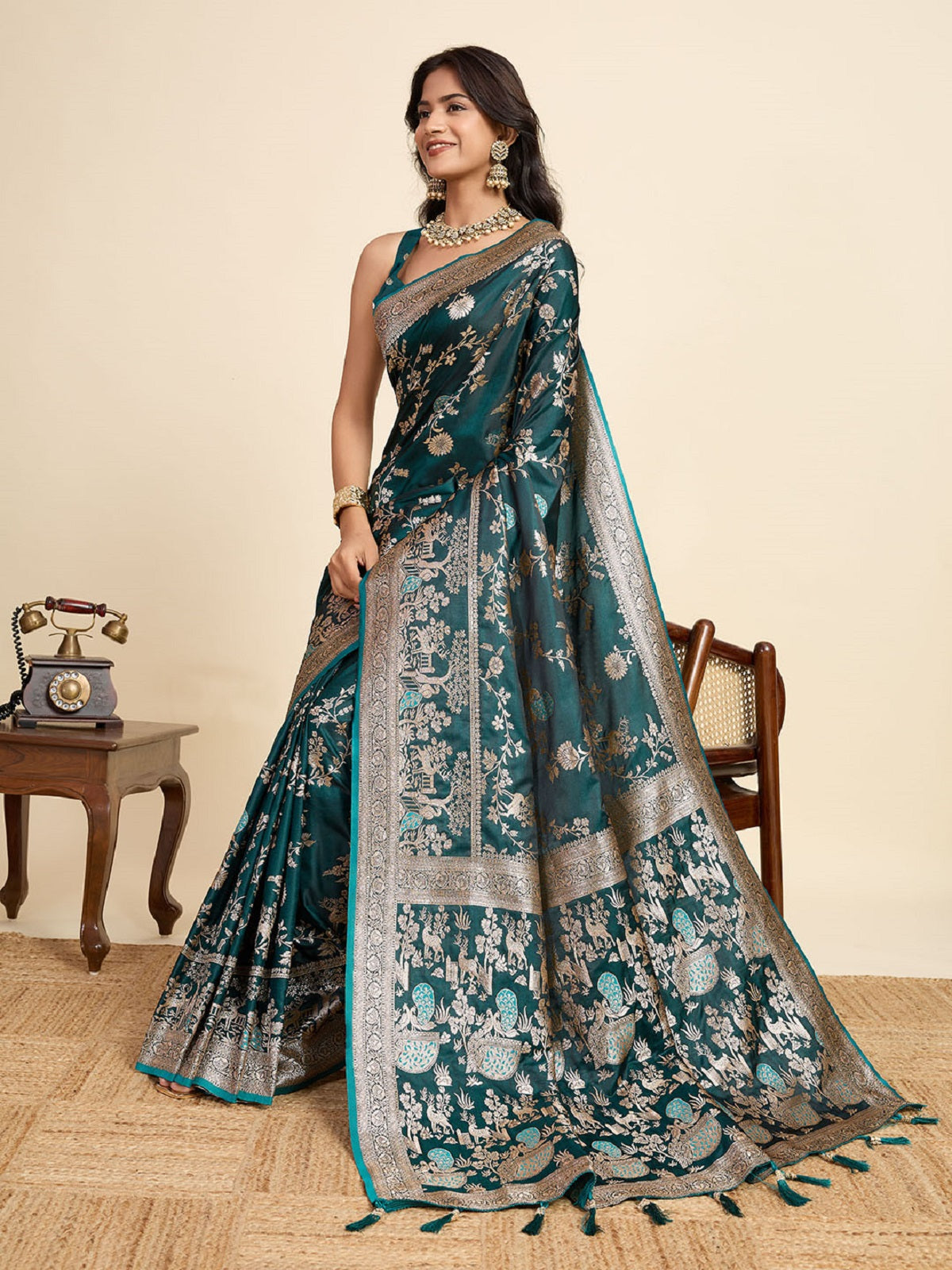 Dwija Fashion Teal Blue Wedding Wear Satin Jari Motifs All Over Pallu And Saree With Unstitched Blouse