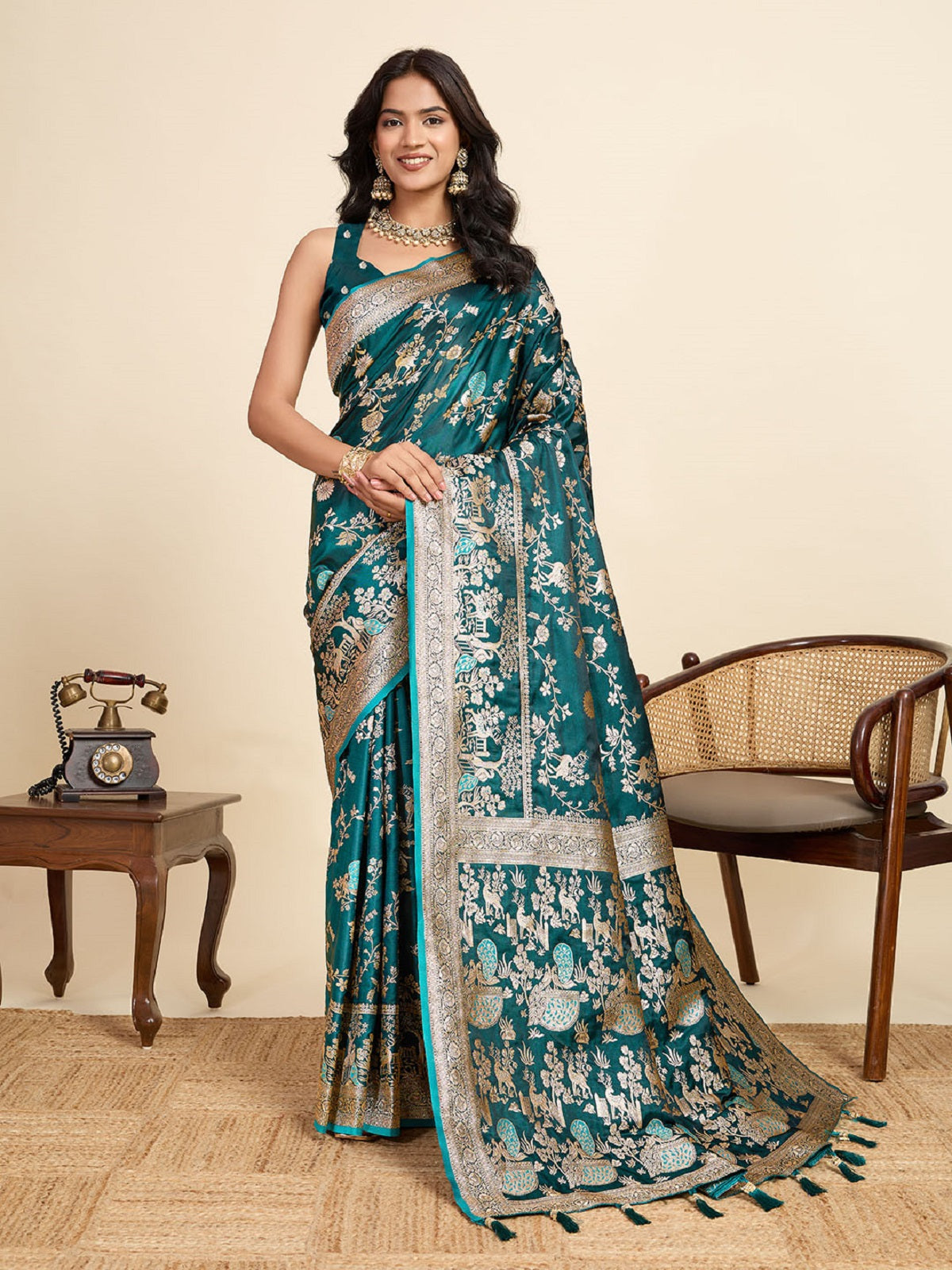 Dwija Fashion Teal Blue Wedding Wear Satin Jari Motifs All Over Pallu And Saree With Unstitched Blouse