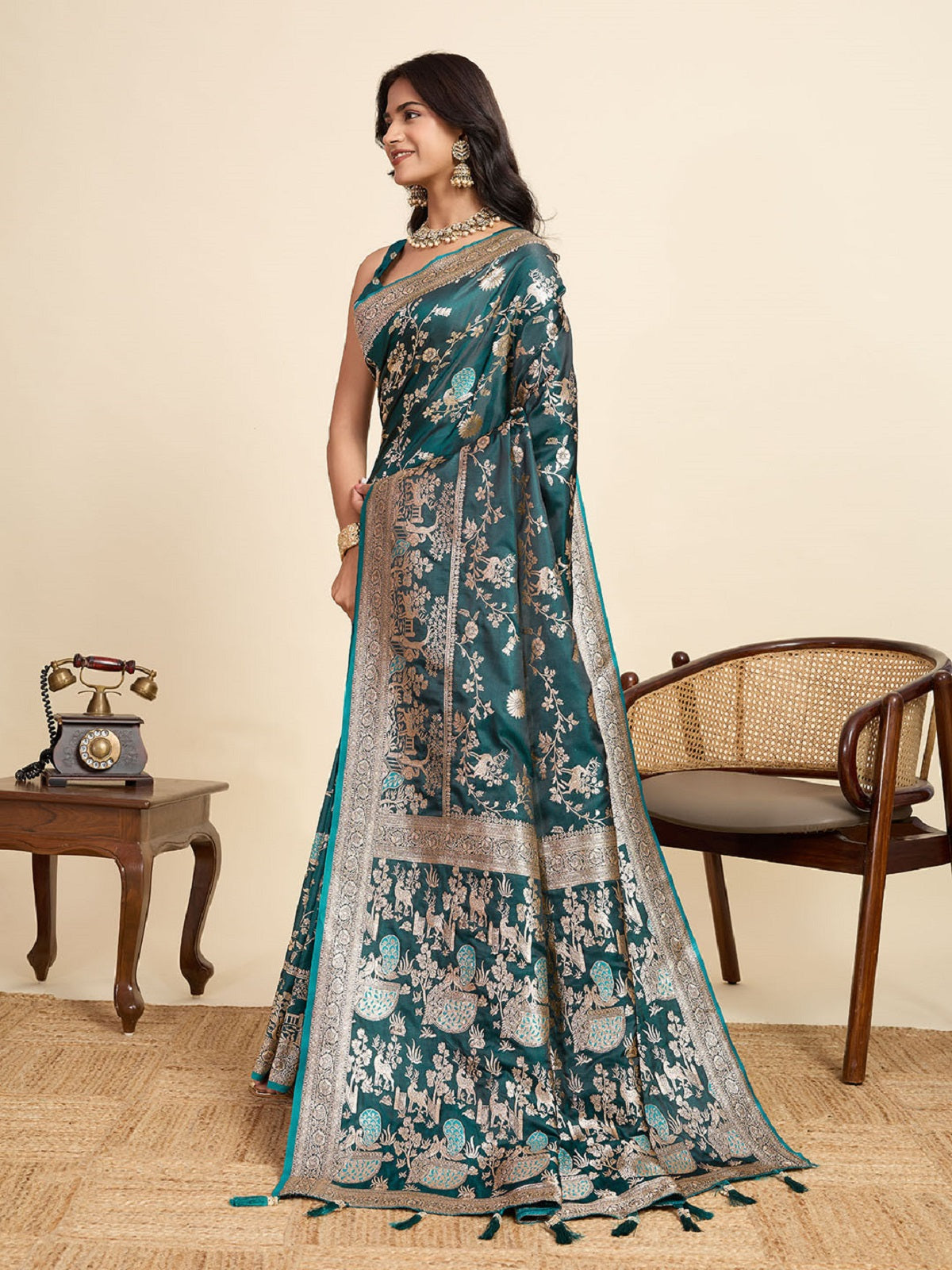 Dwija Fashion Teal Blue Wedding Wear Satin Jari Motifs All Over Pallu And Saree With Unstitched Blouse