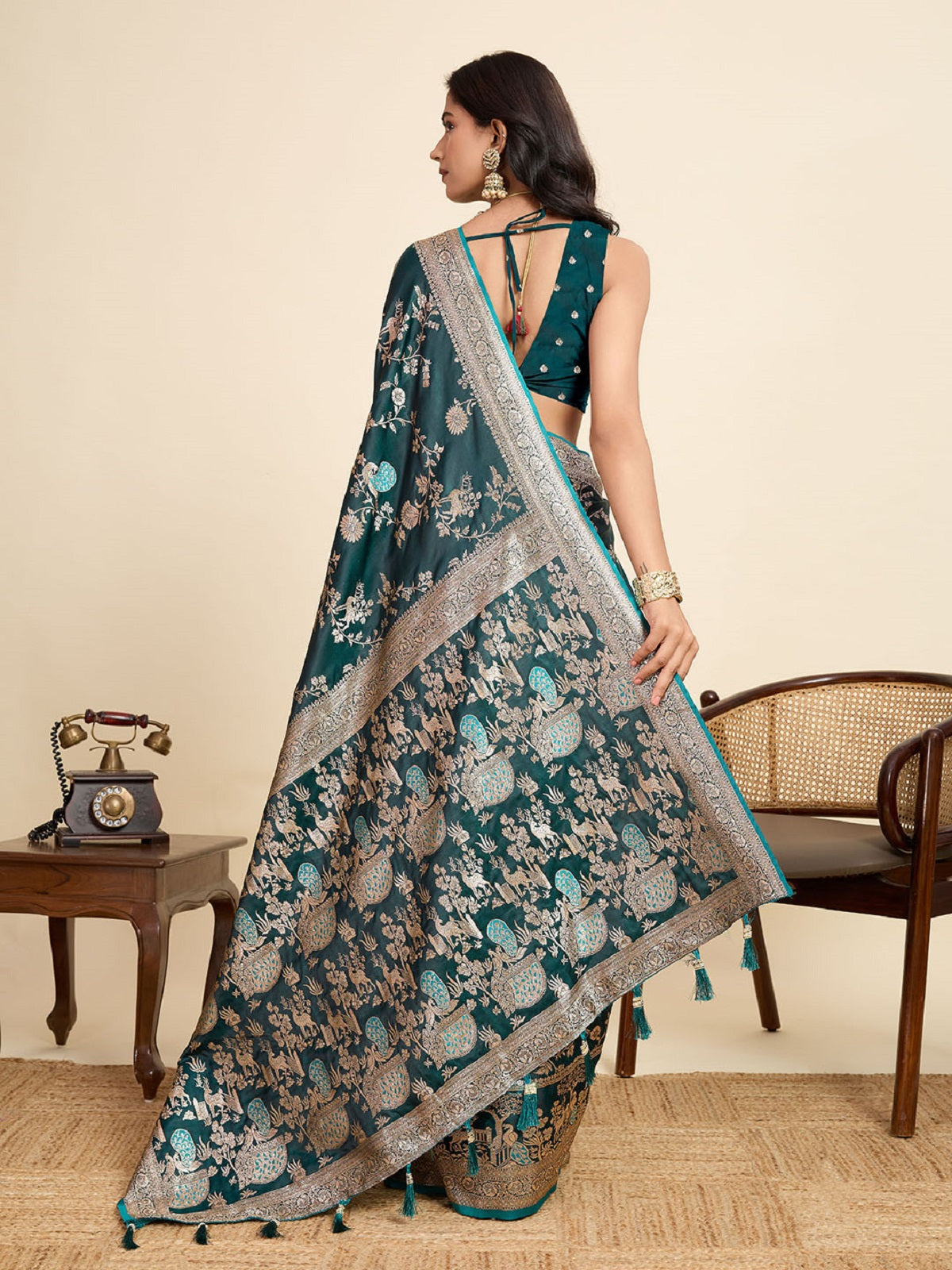 Dwija Fashion Teal Blue Wedding Wear Satin Jari Motifs All Over Pallu And Saree With Unstitched Blouse