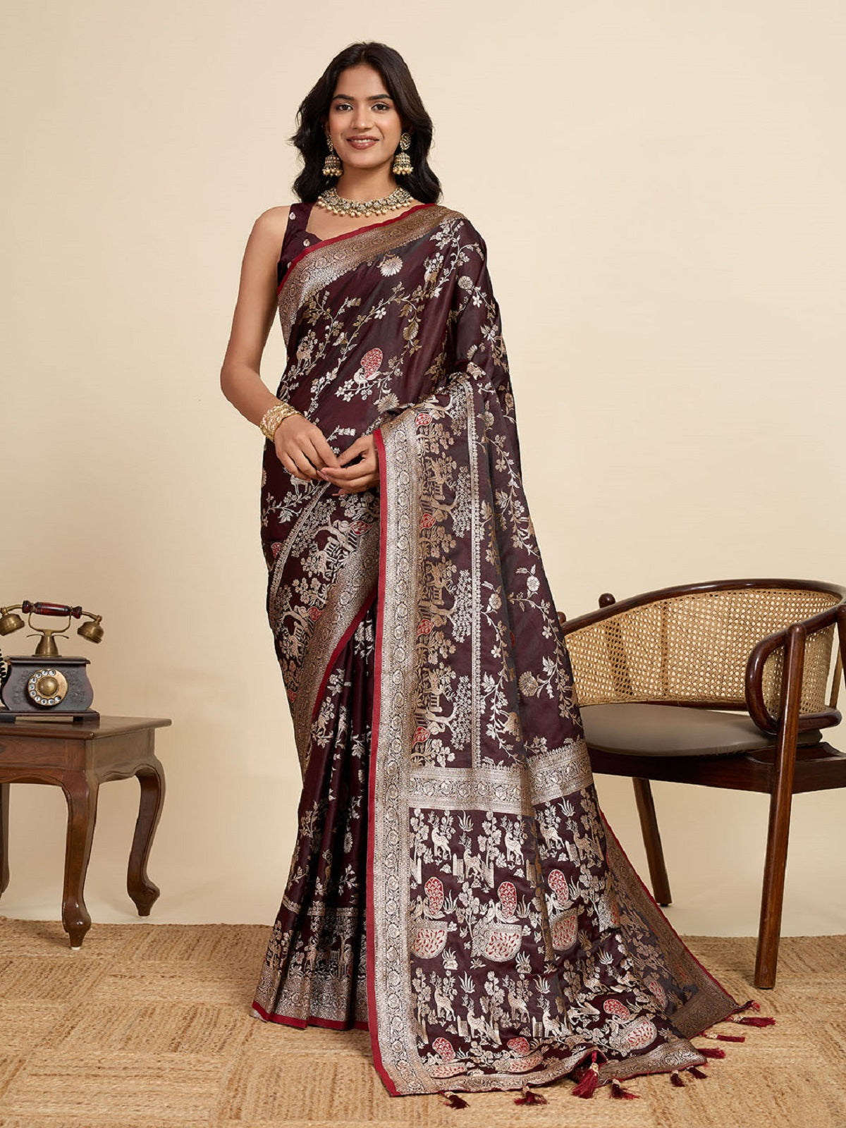 Dwija Fashion Deep Maroon Wedding Wear Satin Jari Motifs All Over Pallu And Saree With Unstitched Blouse
