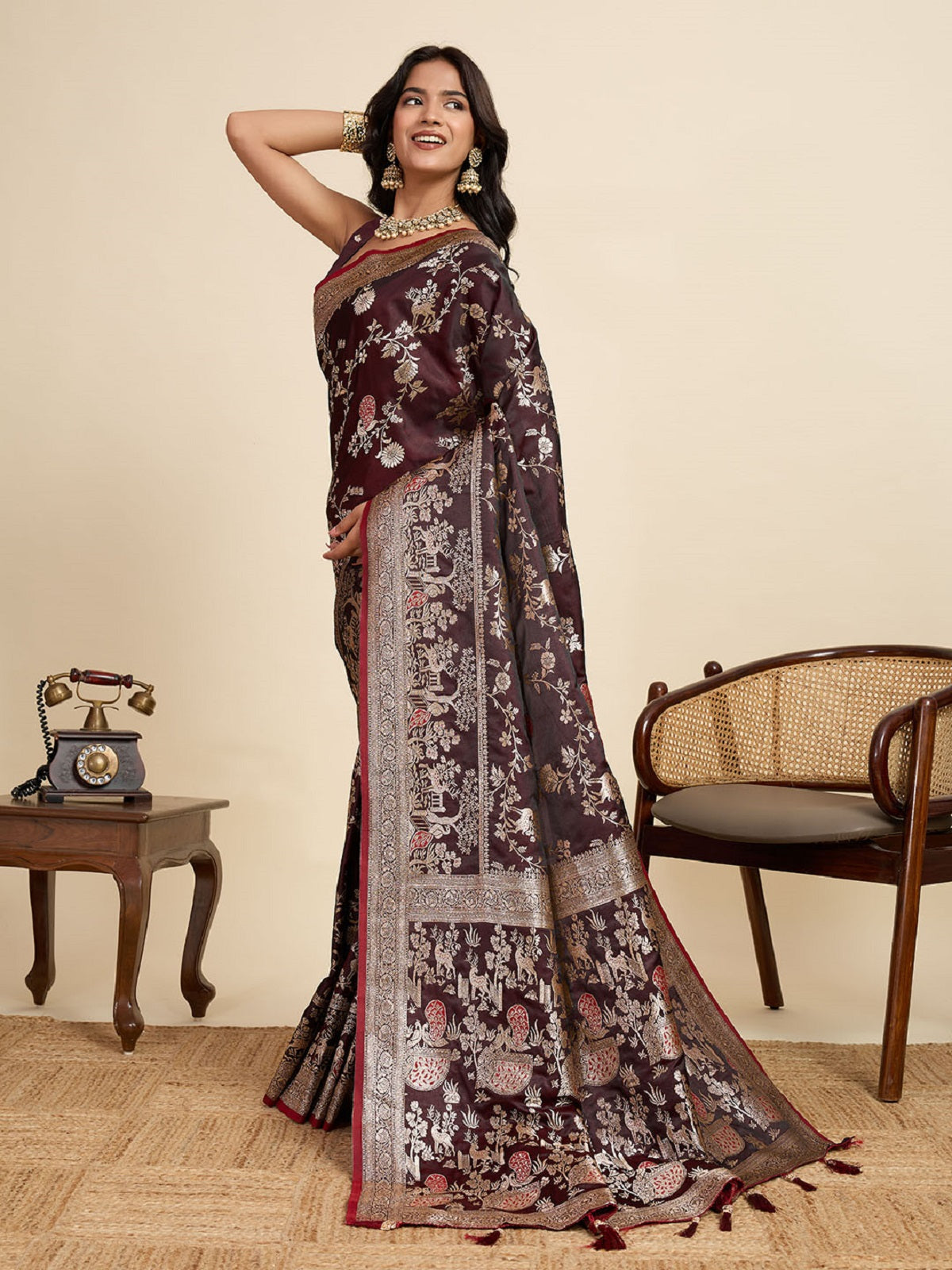 Dwija Fashion Deep Maroon Wedding Wear Satin Jari Motifs All Over Pallu And Saree With Unstitched Blouse