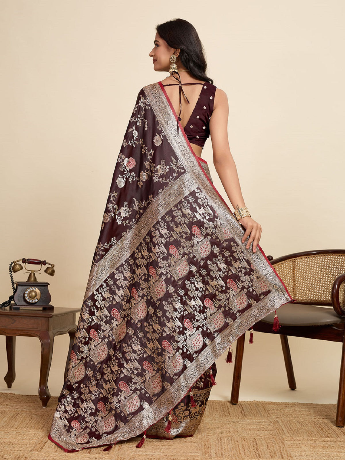 Dwija Fashion Deep Maroon Wedding Wear Satin Jari Motifs All Over Pallu And Saree With Unstitched Blouse