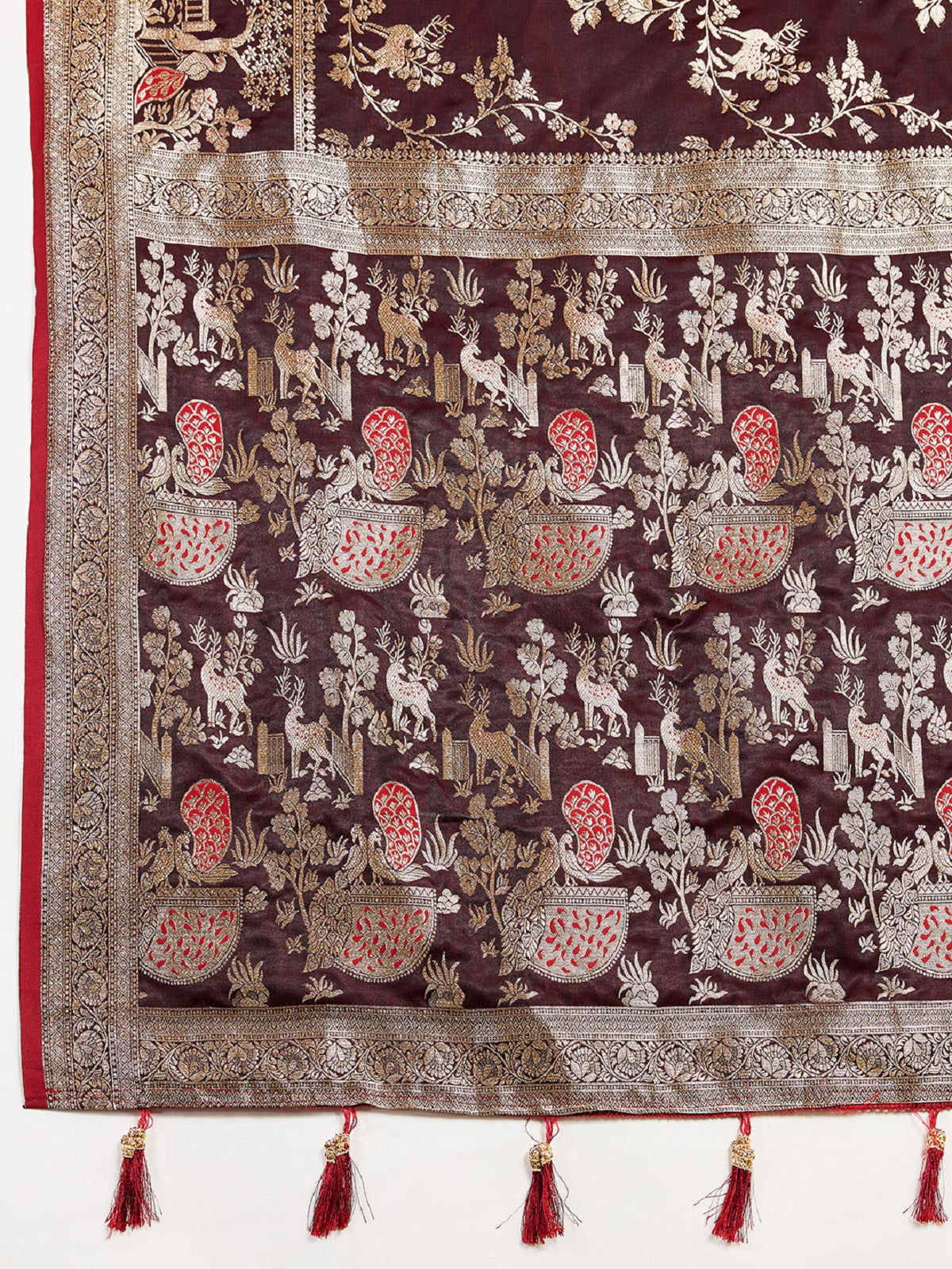 Dwija Fashion Deep Maroon Wedding Wear Satin Jari Motifs All Over Pallu And Saree With Unstitched Blouse