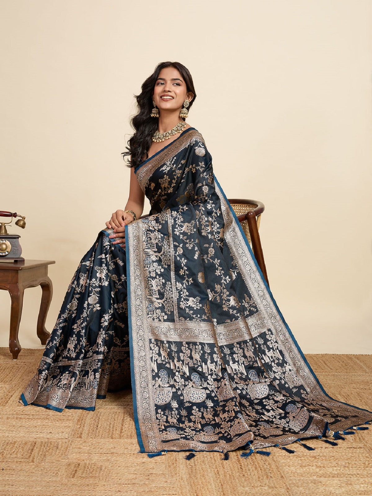 Dwija Fashion Teal Blue Wedding Wear Satin Jari Motifs All Over Pallu And Saree With Unstitched Blouse