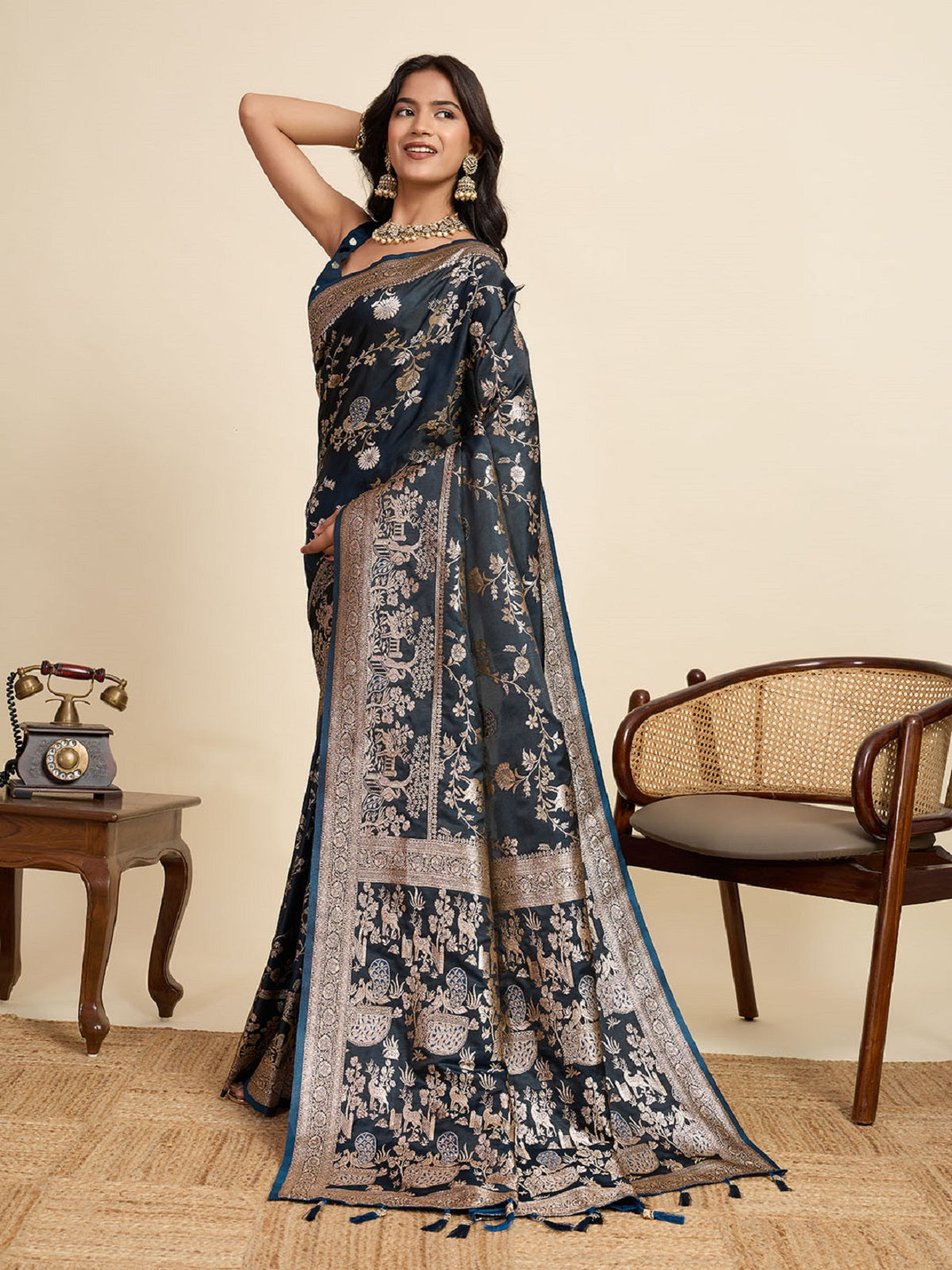 Dwija Fashion Teal Blue Wedding Wear Satin Jari Motifs All Over Pallu And Saree With Unstitched Blouse