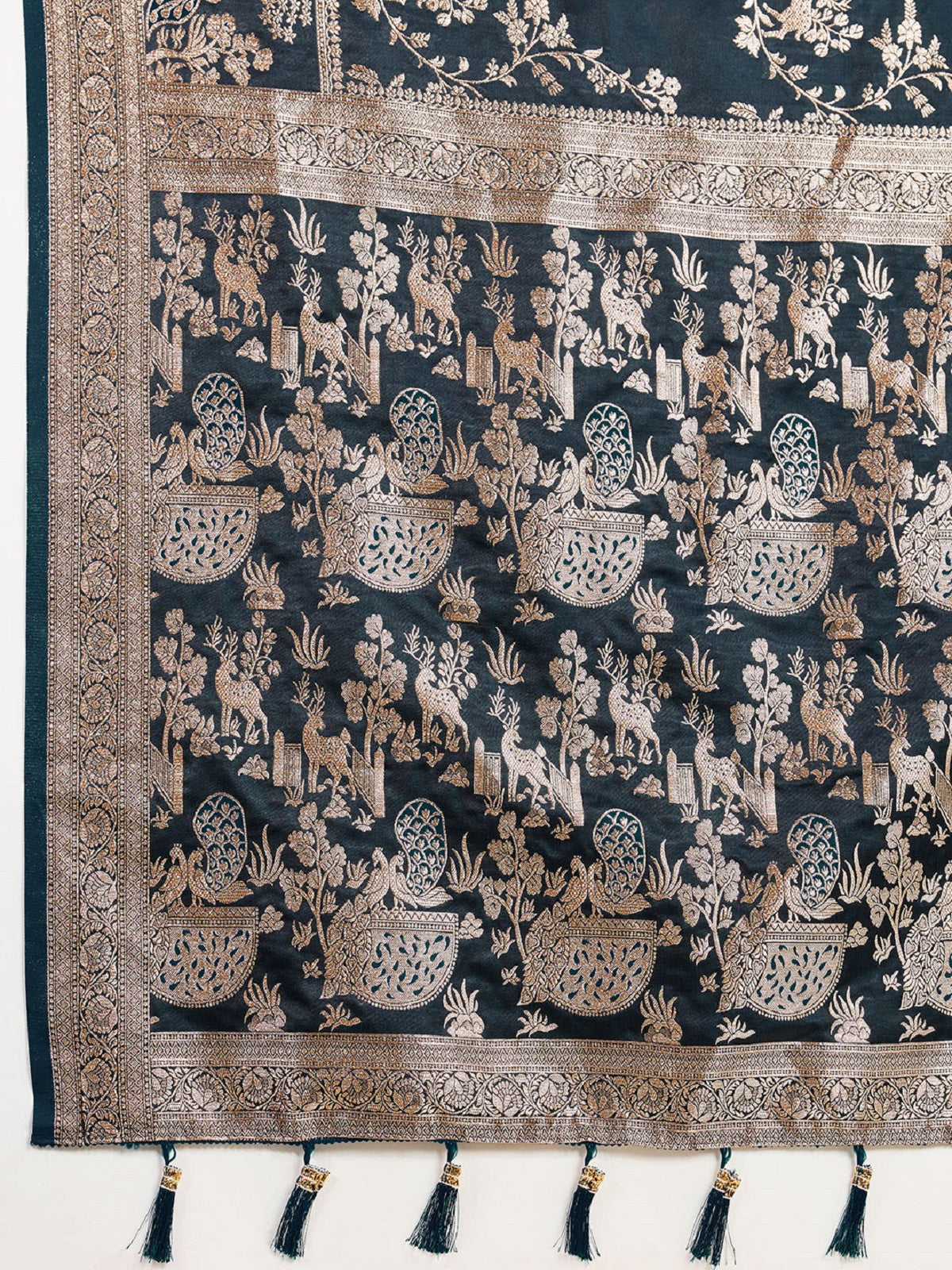 Dwija Fashion Teal Blue Wedding Wear Satin Jari Motifs All Over Pallu And Saree With Unstitched Blouse