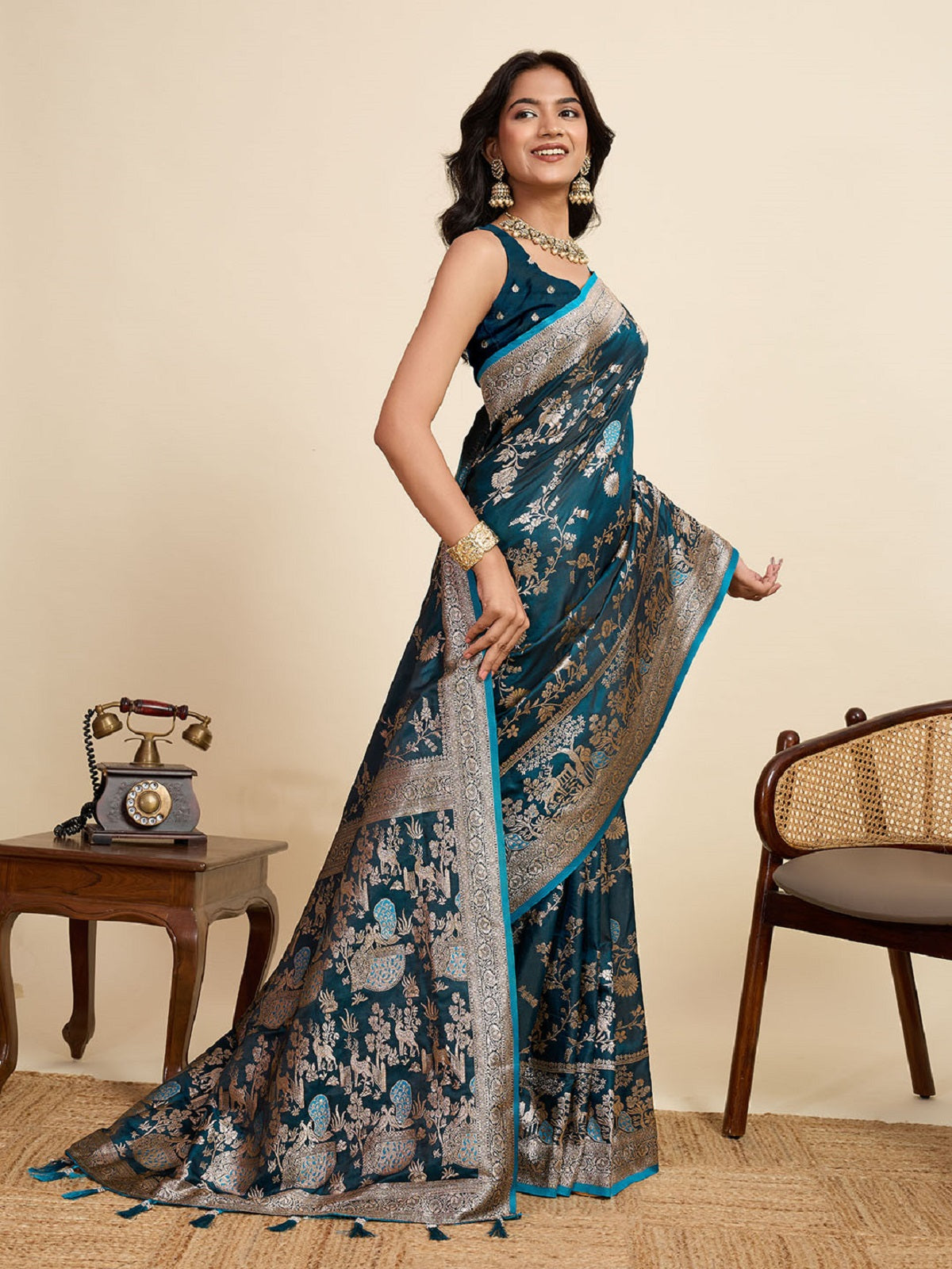 Dwija Fashion Teal Blue Wedding Wear Satin Jari Motifs All Over Pallu And Saree With Unstitched Blouse