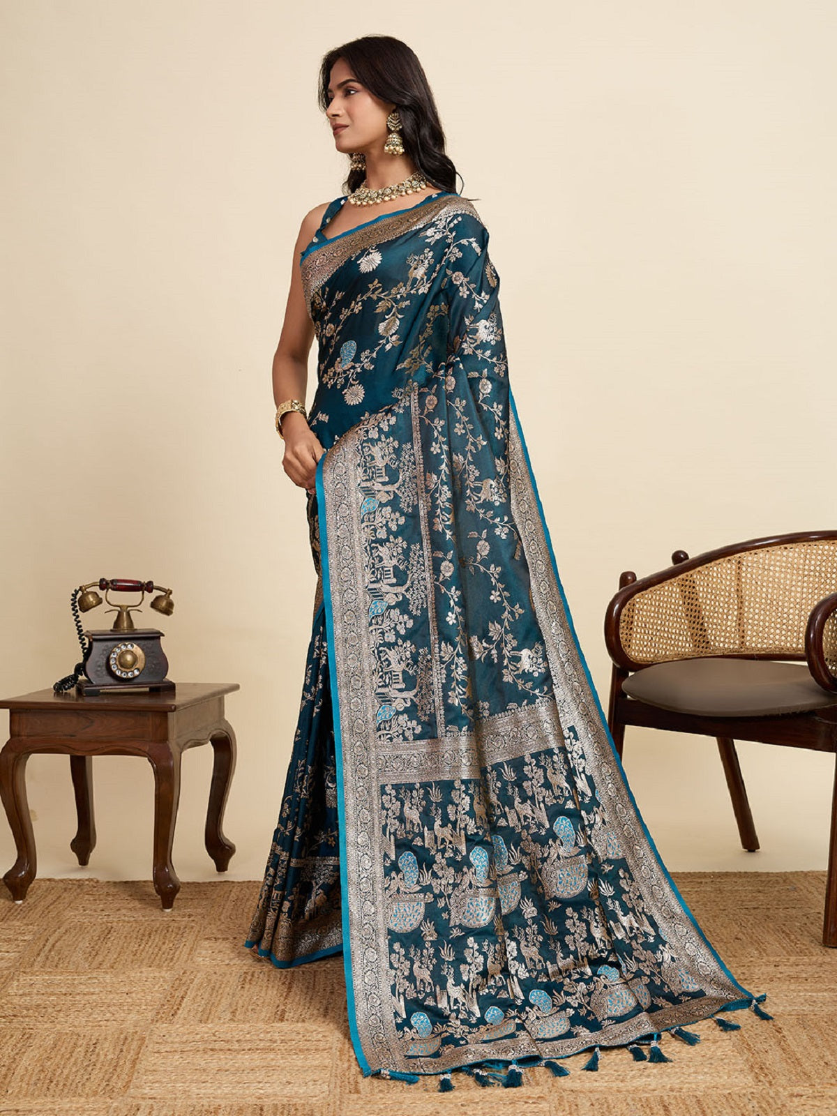 Dwija Fashion Teal Blue Wedding Wear Satin Jari Motifs All Over Pallu And Saree With Unstitched Blouse