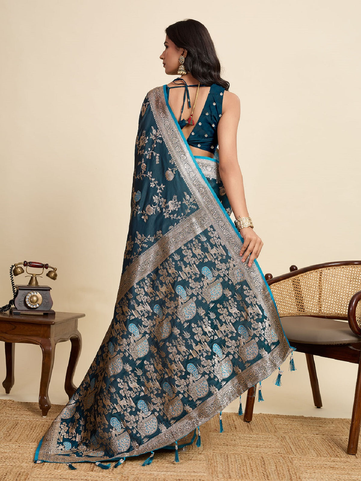 Dwija Fashion Teal Blue Wedding Wear Satin Jari Motifs All Over Pallu And Saree With Unstitched Blouse