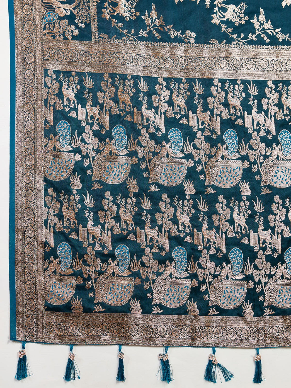 Dwija Fashion Teal Blue Wedding Wear Satin Jari Motifs All Over Pallu And Saree With Unstitched Blouse
