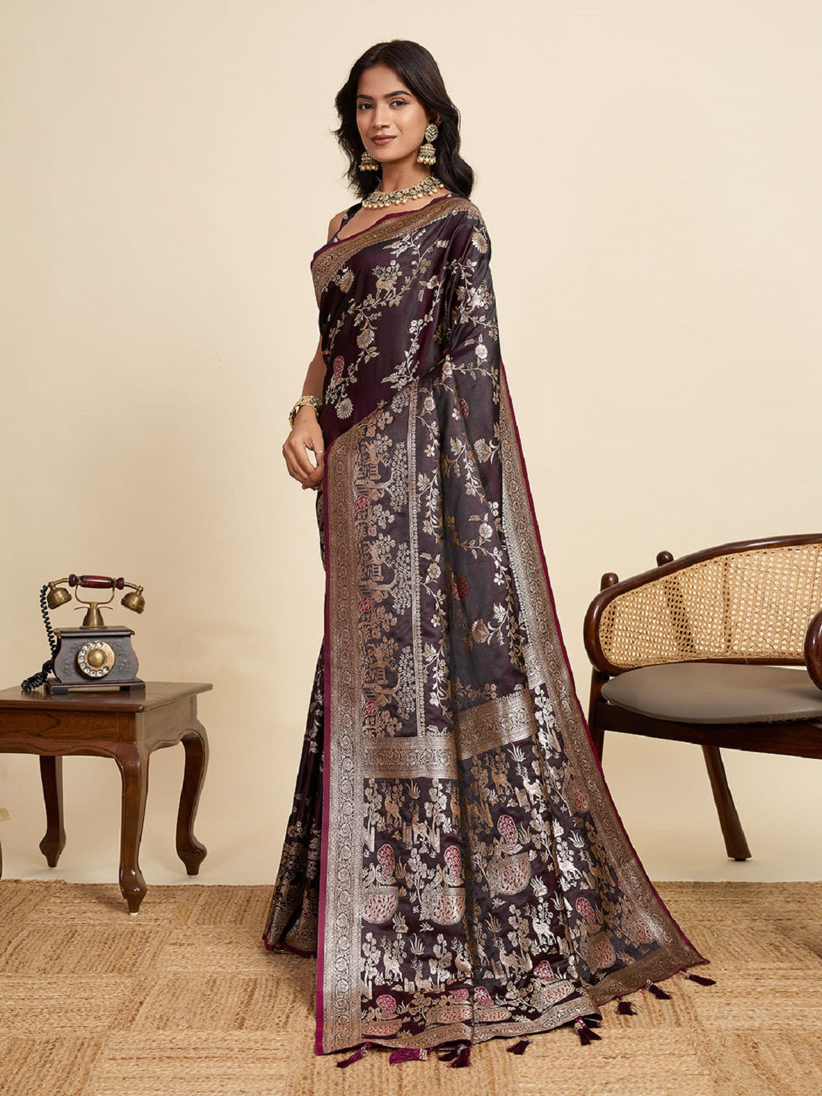 Dwija Fashion Deep Maroon Wedding Wear Satin Jari Motifs All Over Pallu And Saree With Unstitched Blouse