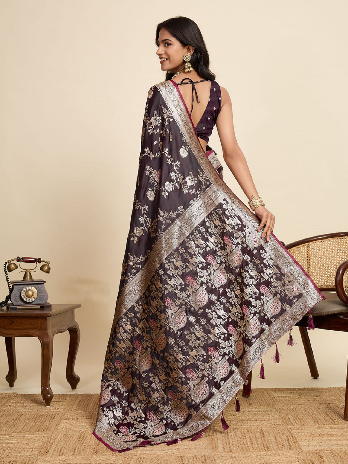 Dwija Fashion Deep Maroon Wedding Wear Satin Jari Motifs All Over Pallu And Saree With Unstitched Blouse