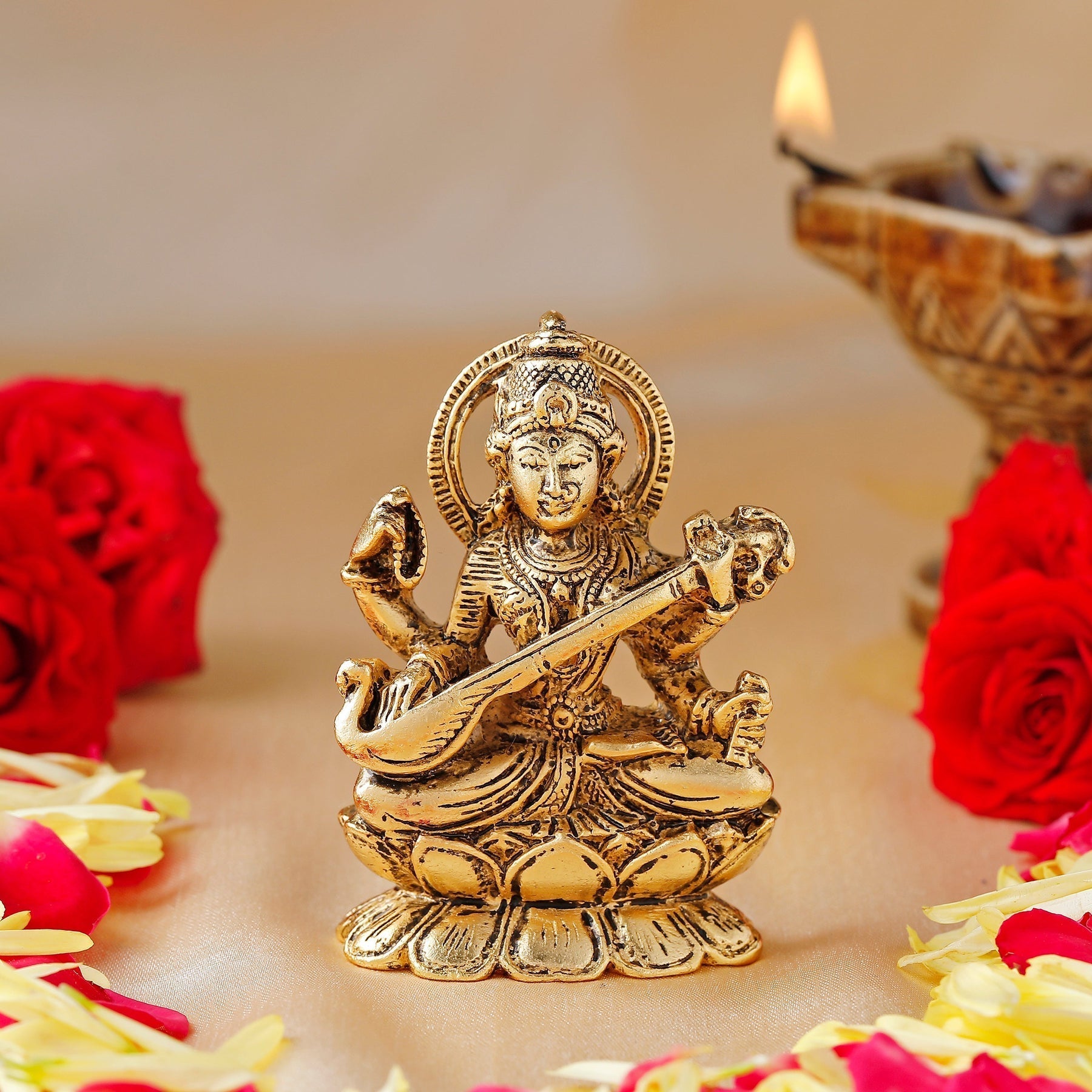 Estele Gold-Polished Goddess of Knowledge Sarasavti Ma Idol for Home & Car decor 
