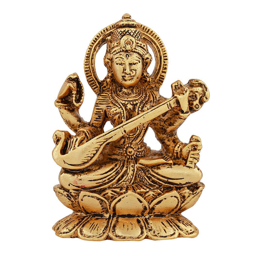 Estele Gold-Polished Goddess of Knowledge Sarasavti Ma Idol for Home & Car decor
