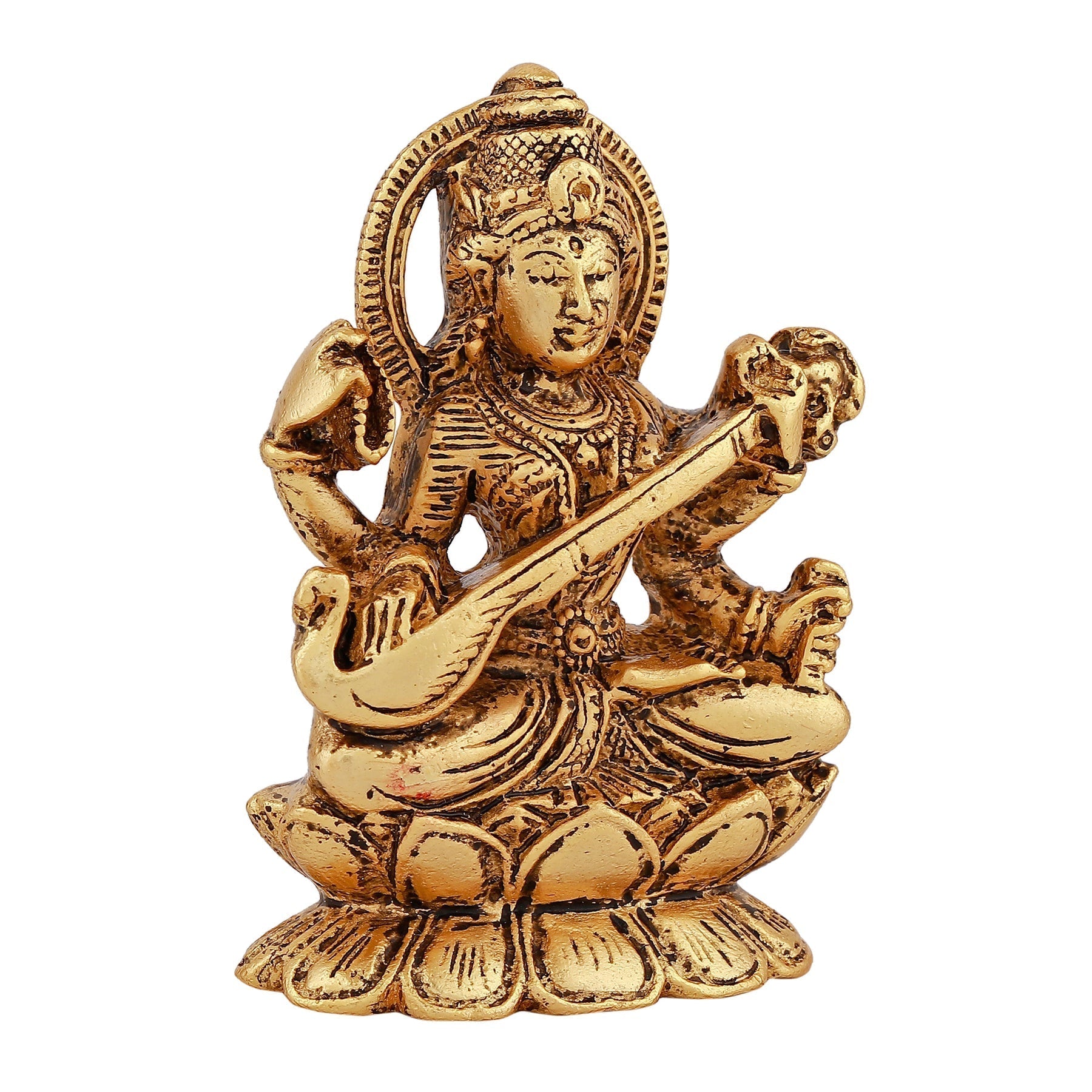 Estele Gold-Polished Goddess of Knowledge Sarasavti Ma Idol for Home & Car decor 