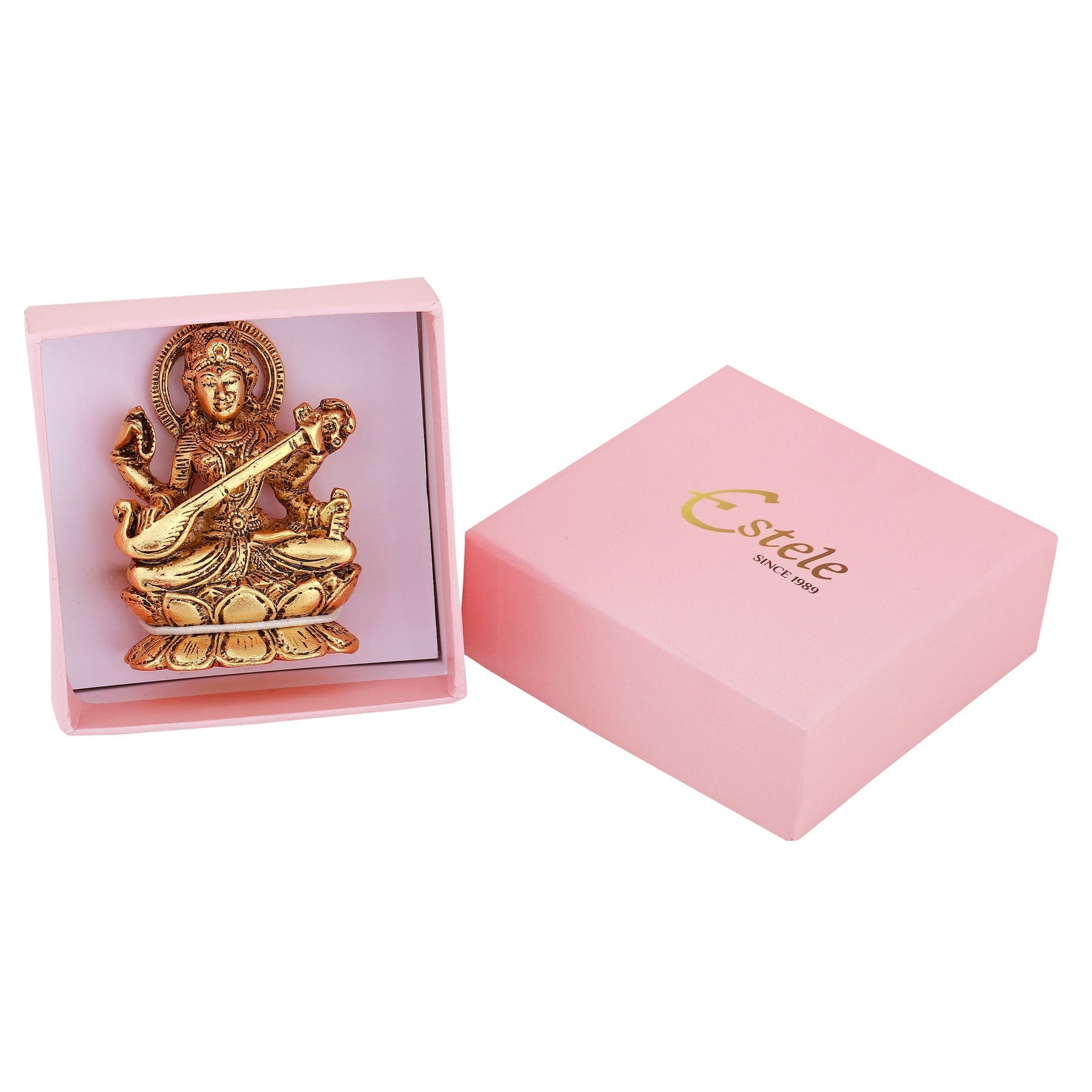 Estele Gold-Polished Goddess of Knowledge Sarasavti Ma Idol for Home & Car decor 