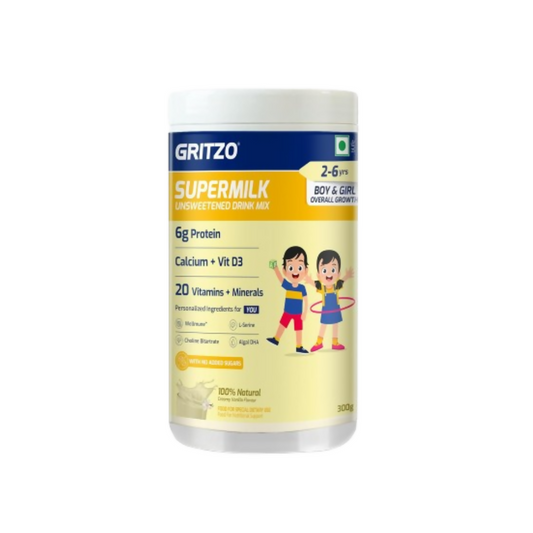 Gritzo SuperMilk Overall Growth (2-6y Boy & Girl) Unsweetened Drink Mix 6g Protein Powder Creamy Vanilla