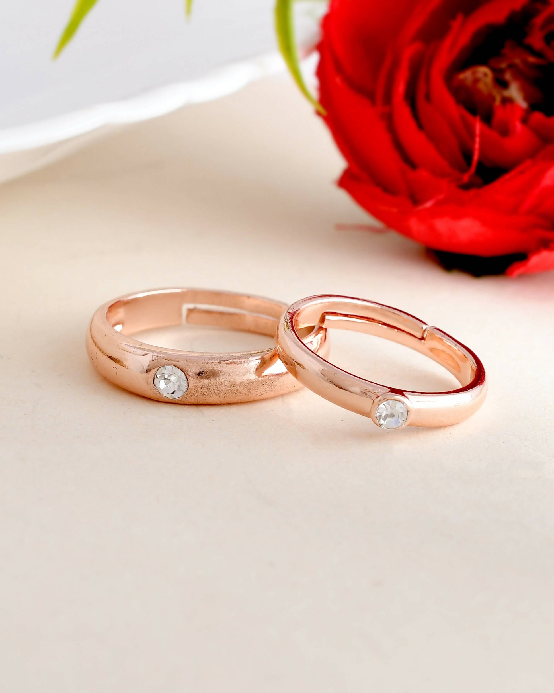 VOJ Stainless Steel Cubic Zirconia Gold-Polished Adjustable Couple Ring Set 