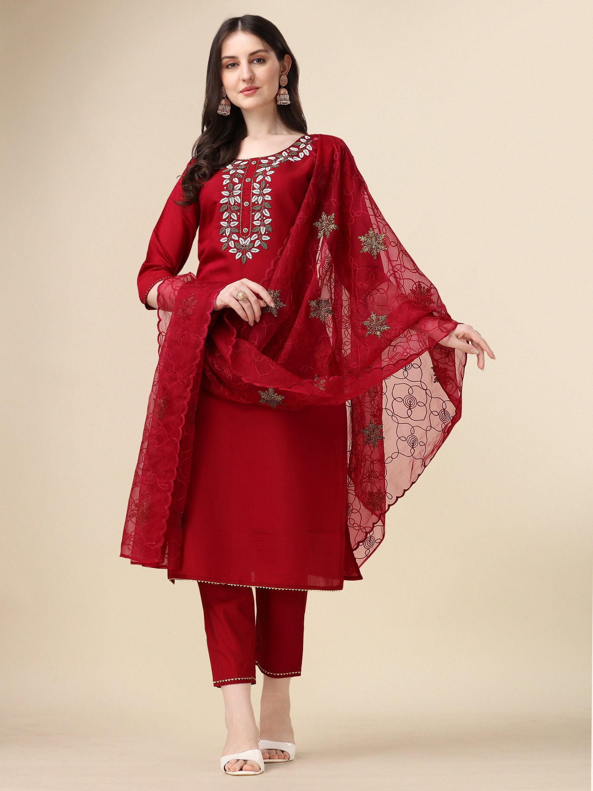 Embroidered Kurta With Pant And Organza Dupatta Set, Multicolor - Hiral Fashion