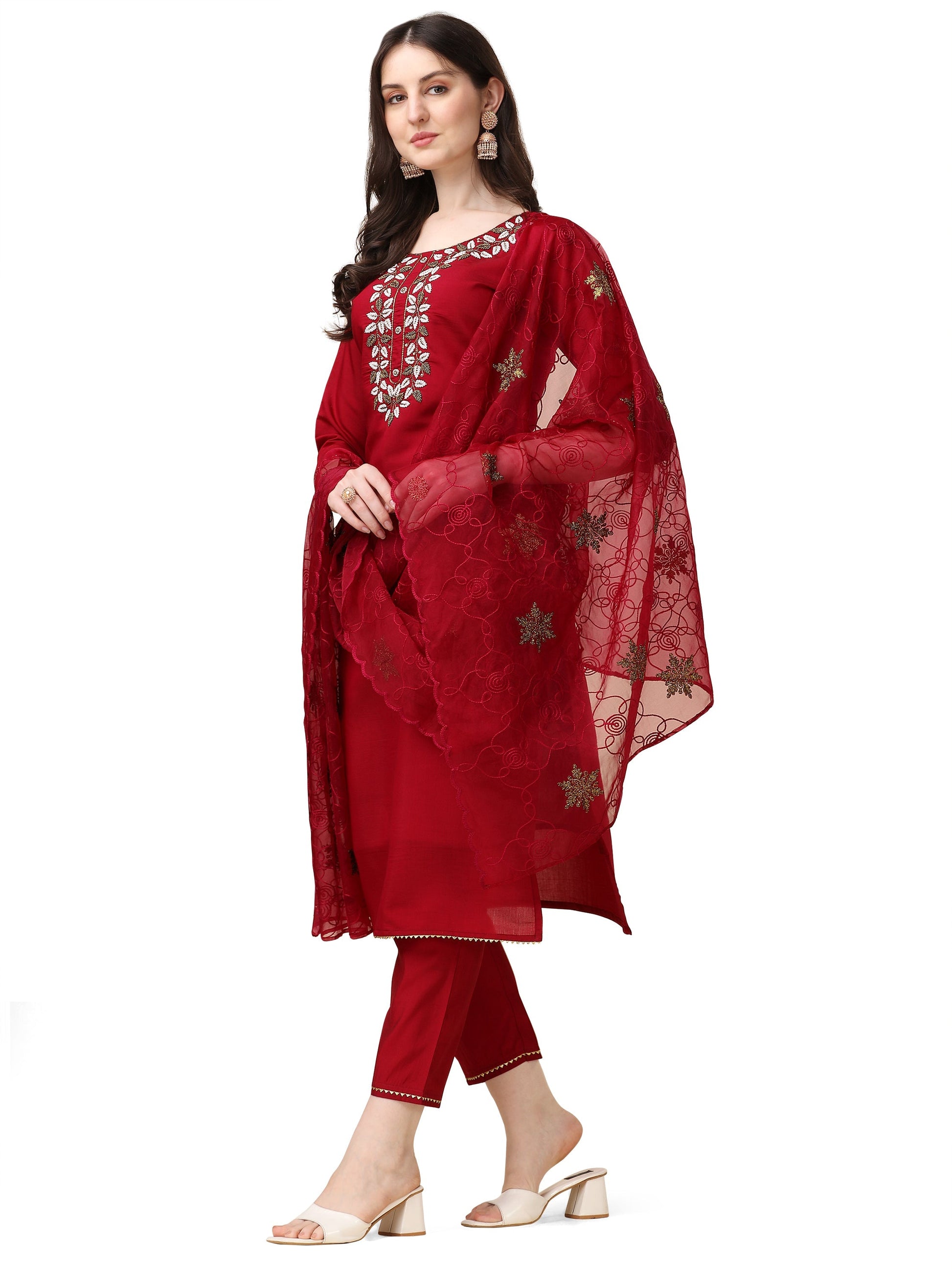 Embroidered Kurta With Pant And Organza Dupatta Set, Multicolor - Hiral Fashion
