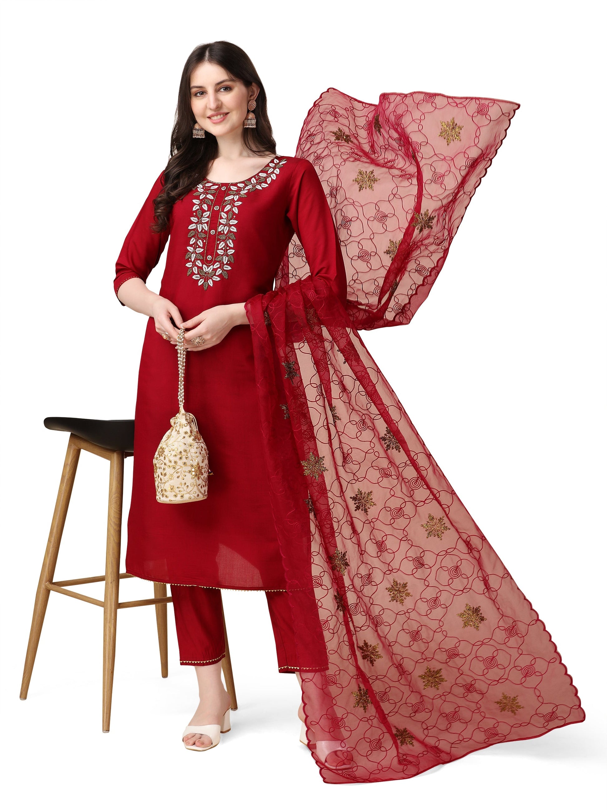 Embroidered Kurta With Pant And Organza Dupatta Set, Multicolor - Hiral Fashion