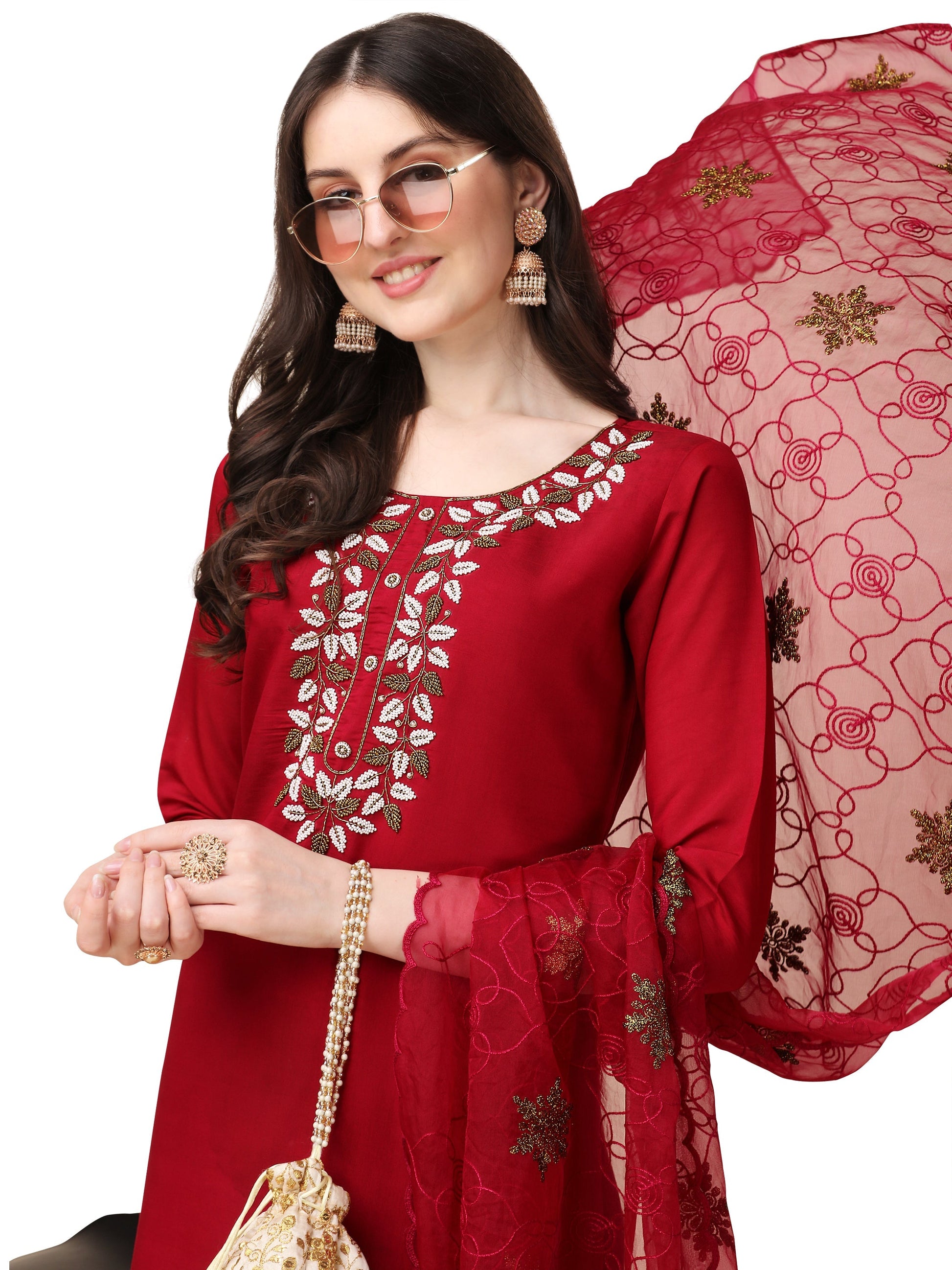 Embroidered Kurta With Pant And Organza Dupatta Set, Multicolor - Hiral Fashion