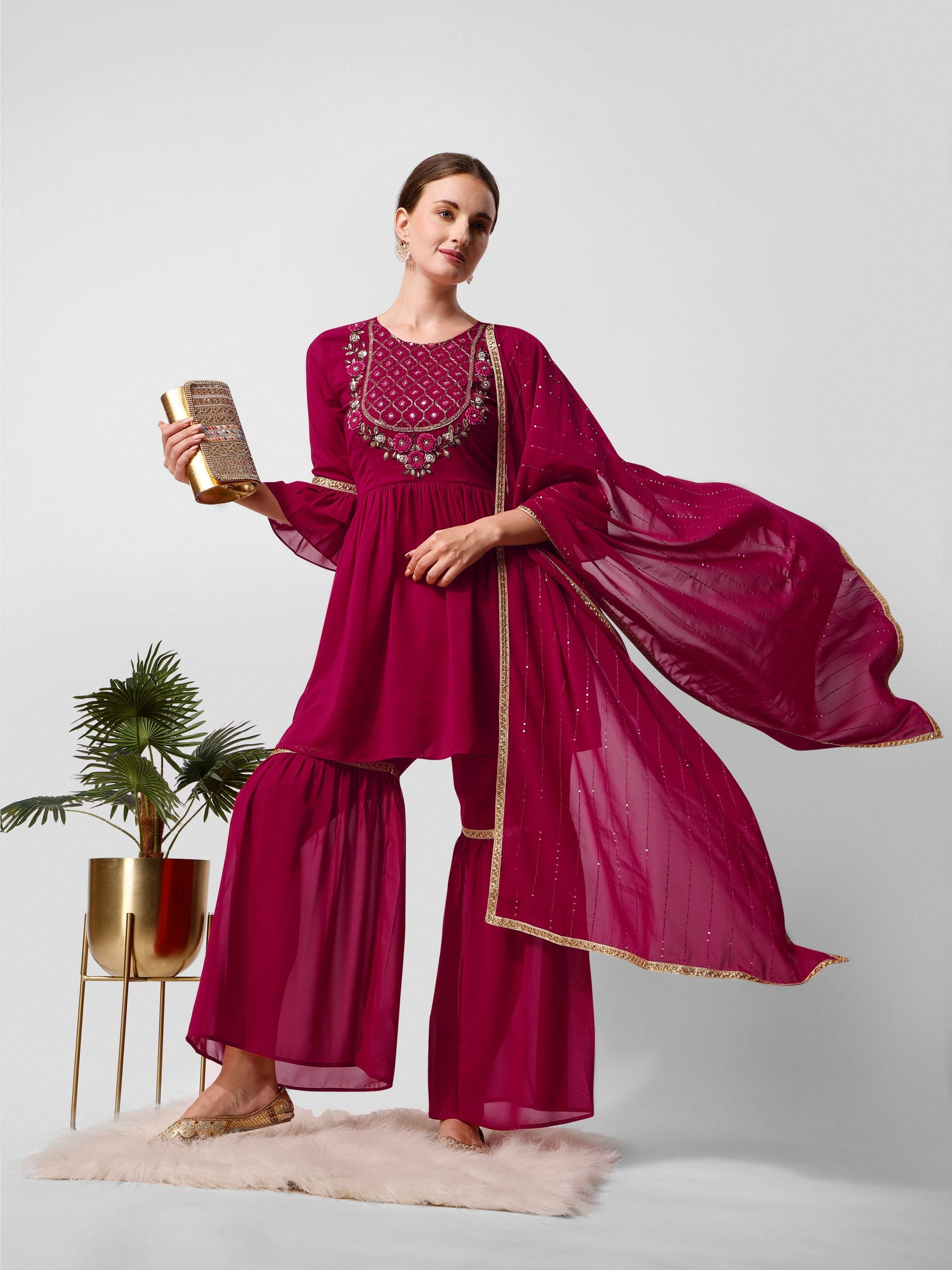 Hand Embroidered Kurta With Sharara And Dupatta Set, Multicolor - Hiral Fashion