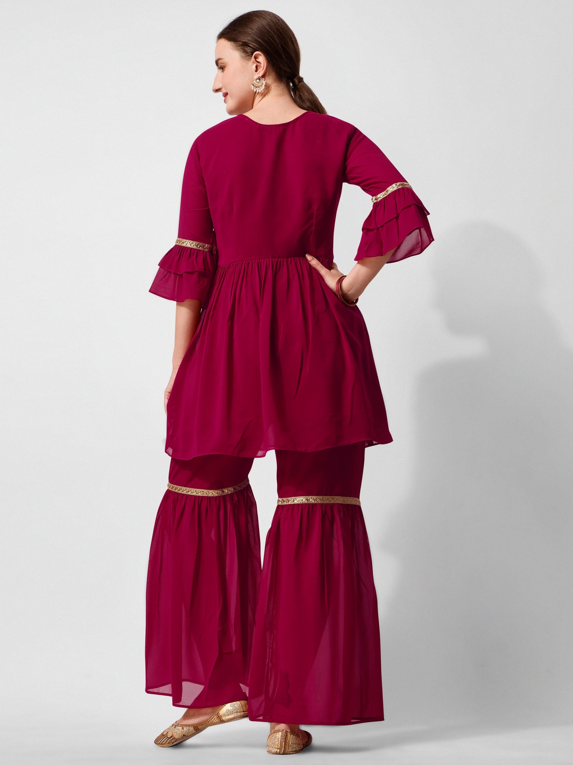 Hand Embroidered Kurta With Sharara And Dupatta Set, Multicolor - Hiral Fashion