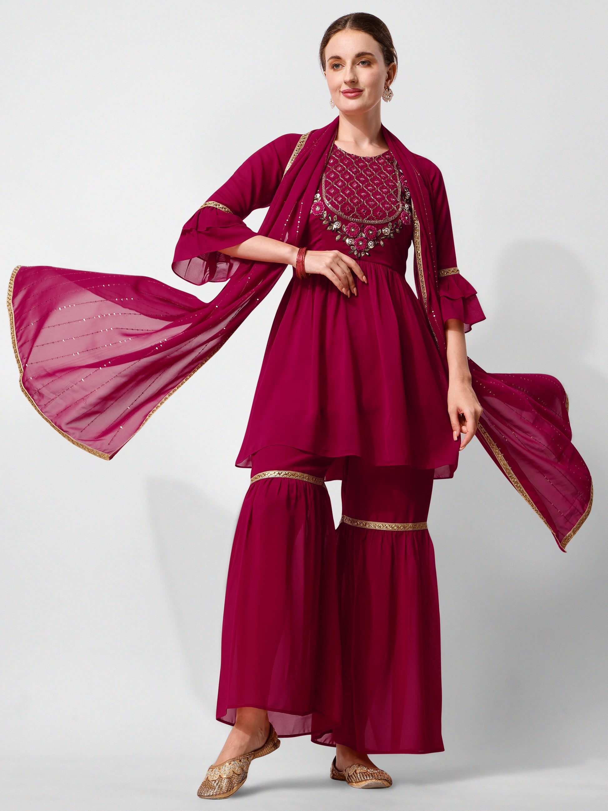 Hand Embroidered Kurta With Sharara And Dupatta Set, Multicolor - Hiral Fashion