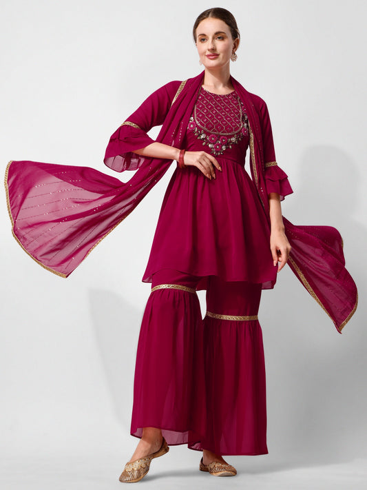 Hand Embroidered Kurta With Sharara And Dupatta Set, Multicolor - Hiral Fashion