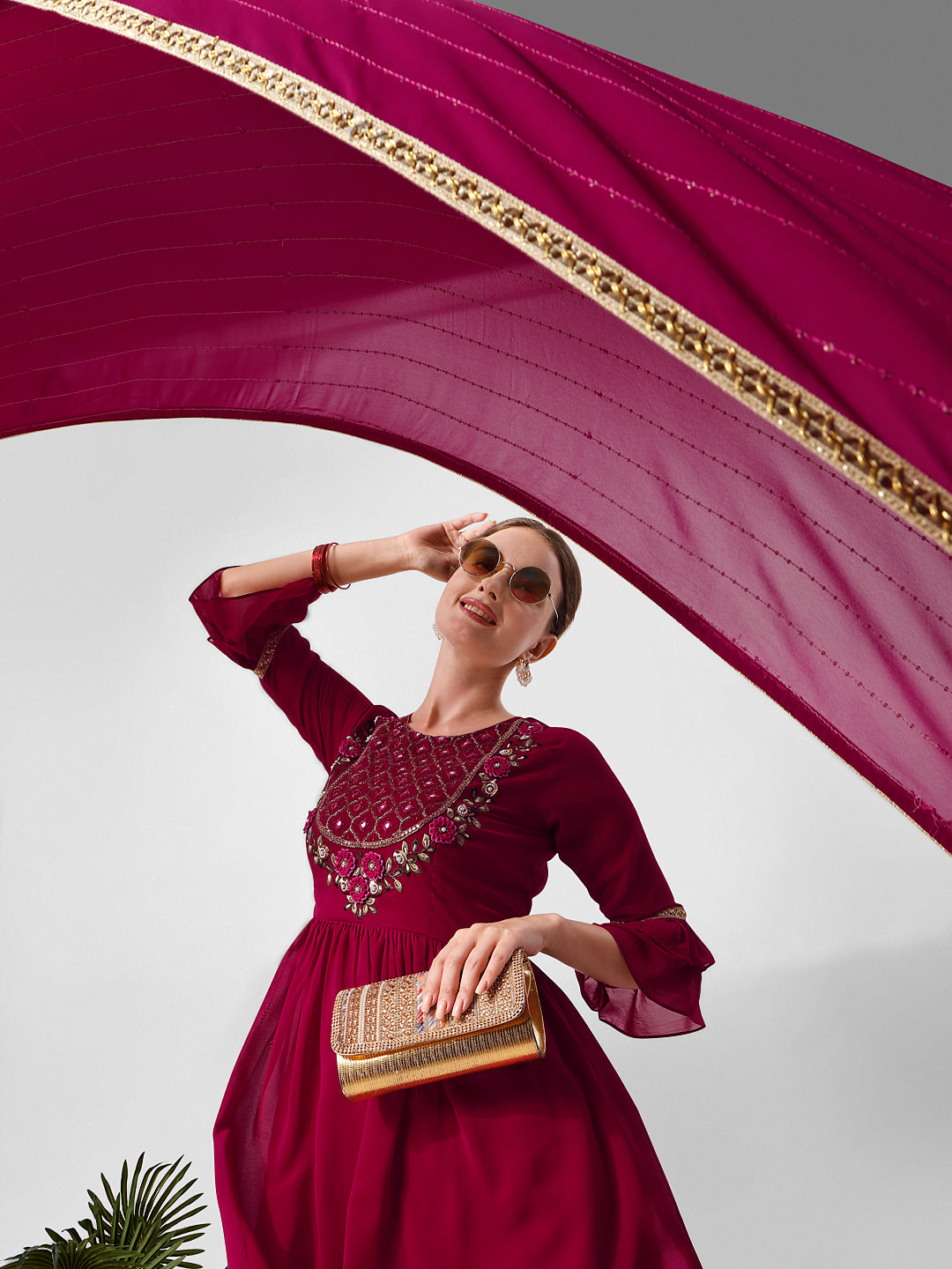 Hand Embroidered Kurta With Sharara And Dupatta Set, Multicolor - Hiral Fashion