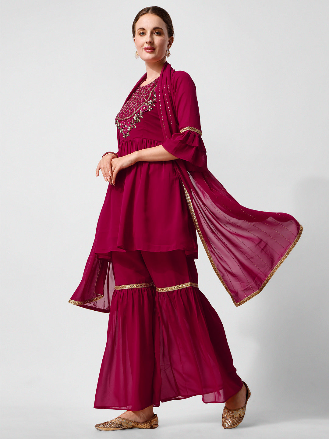 Hand Embroidered Kurta With Sharara And Dupatta Set, Multicolor - Hiral Fashion