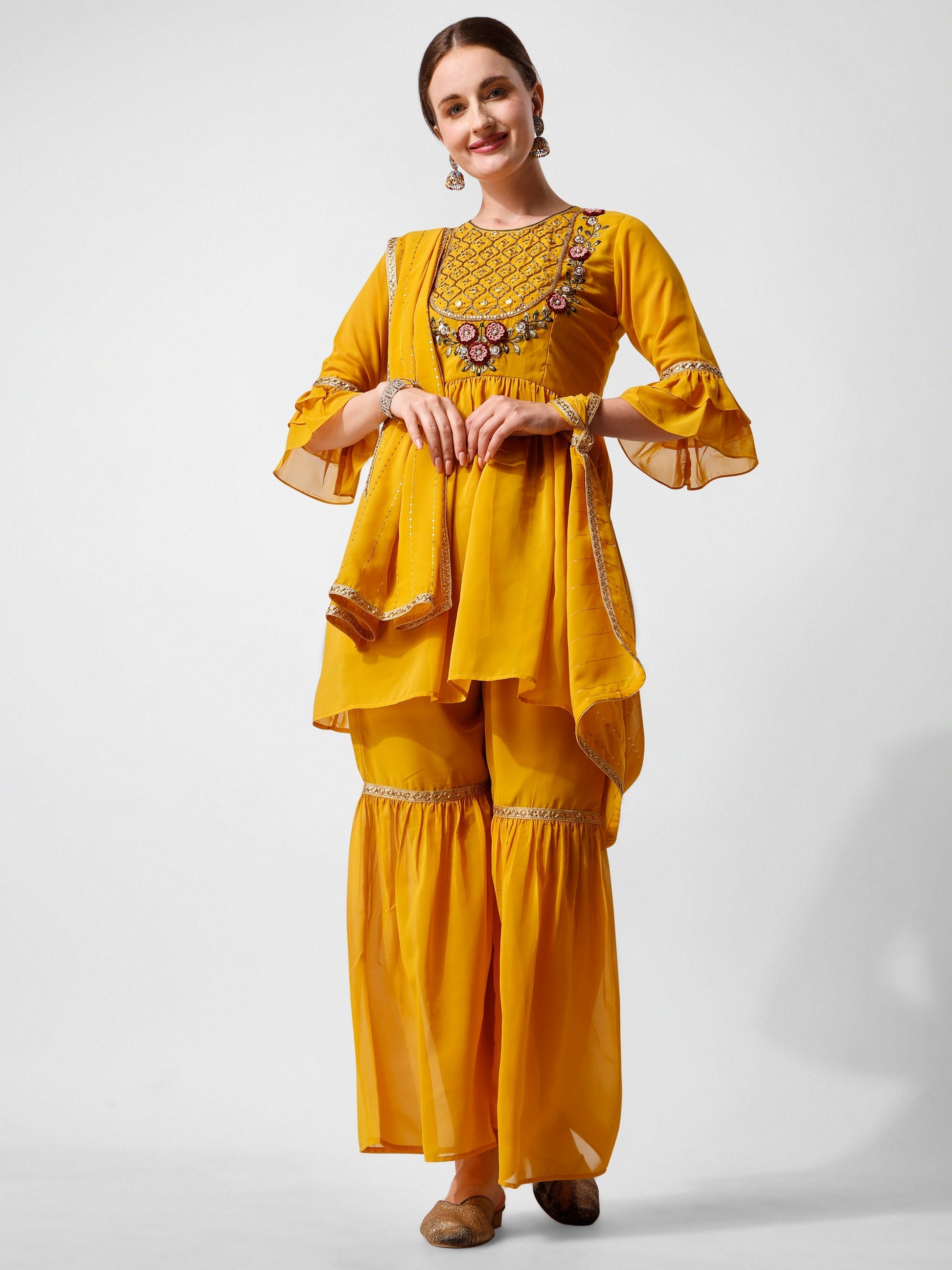 Hand Embroidered Kurta With Sharara And Dupatta Set, Multicolor - Hiral Fashion