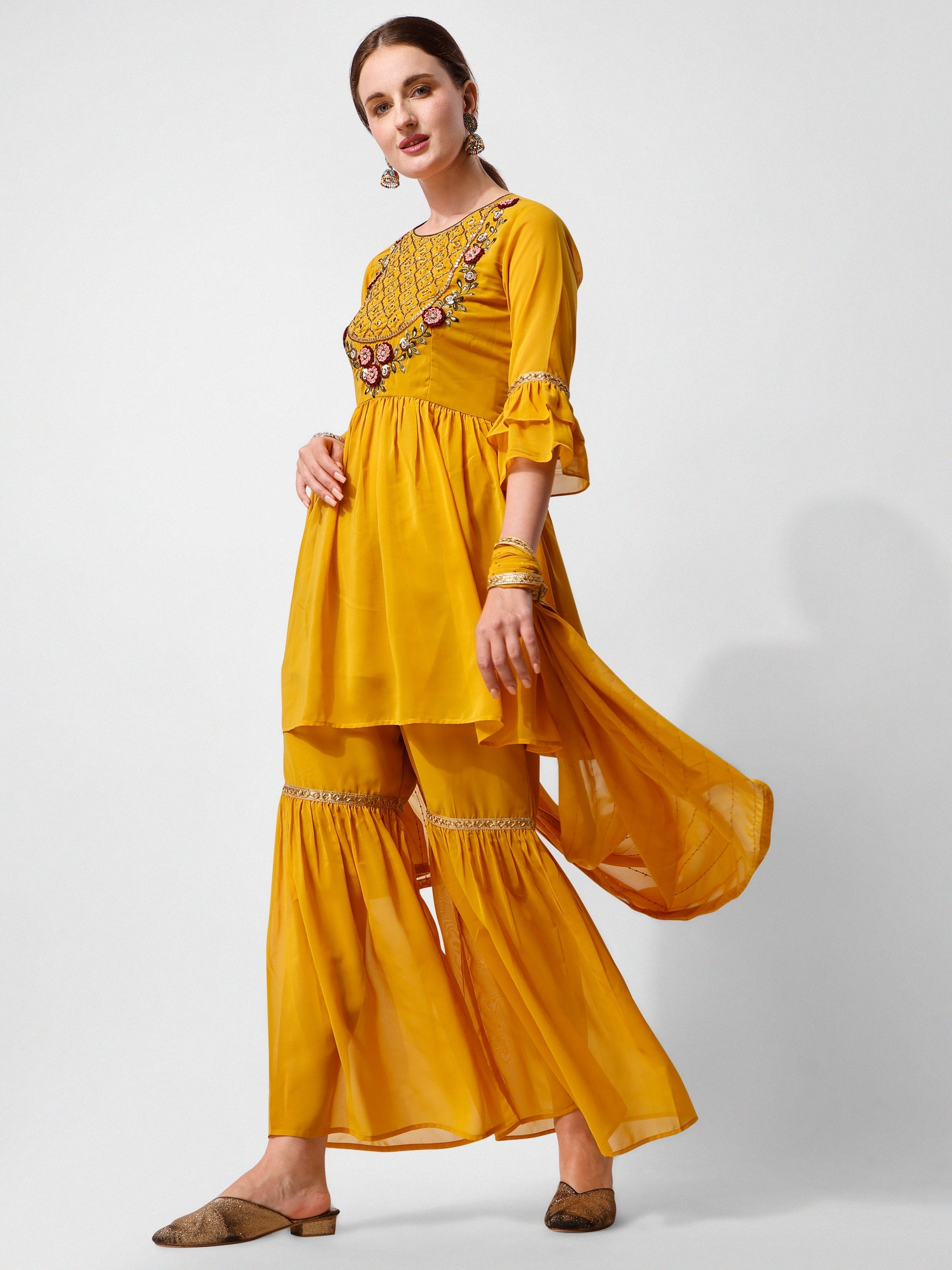 Hand Embroidered Kurta With Sharara And Dupatta Set, Multicolor - Hiral Fashion
