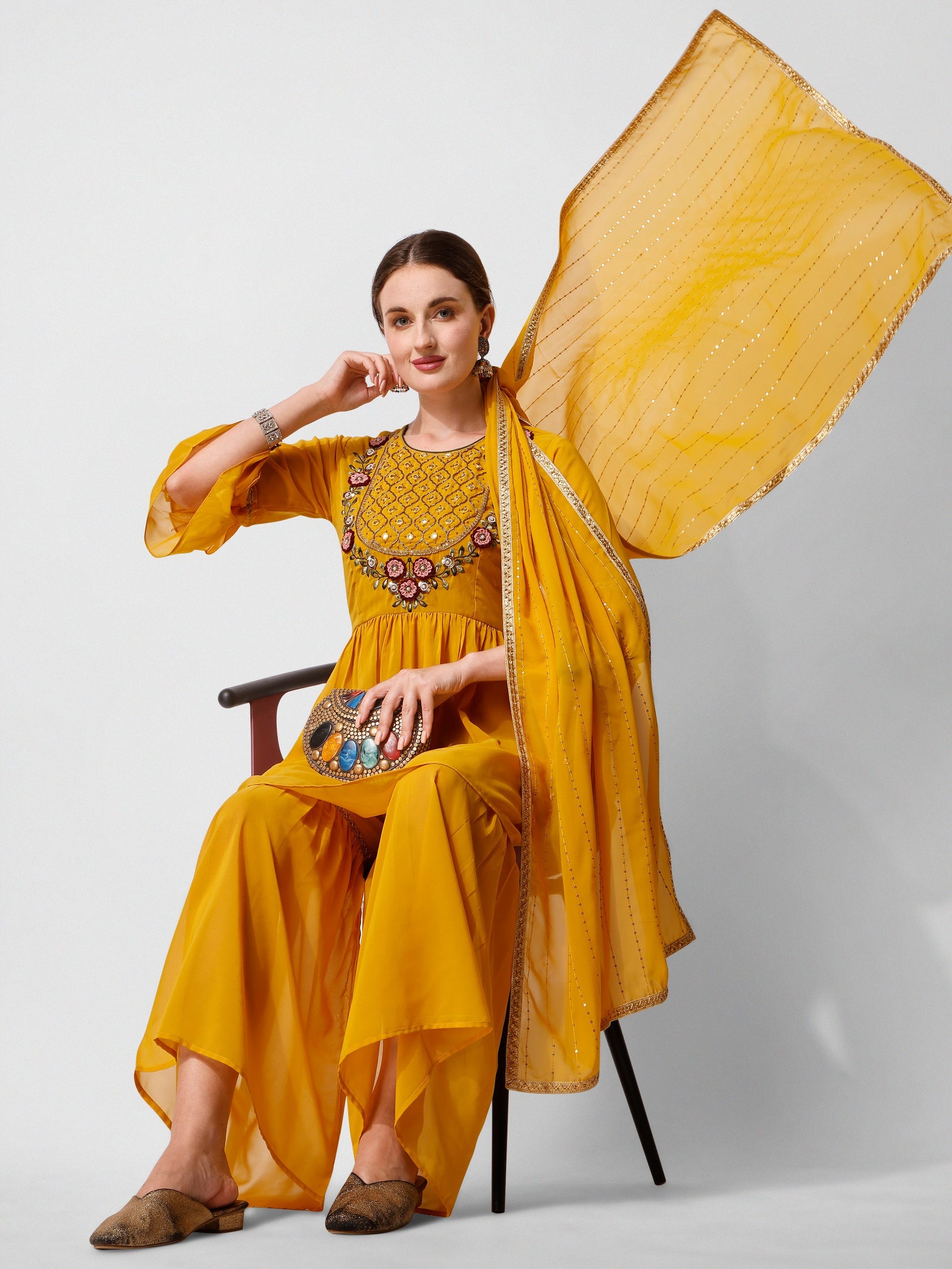 Hand Embroidered Kurta With Sharara And Dupatta Set, Multicolor - Hiral Fashion