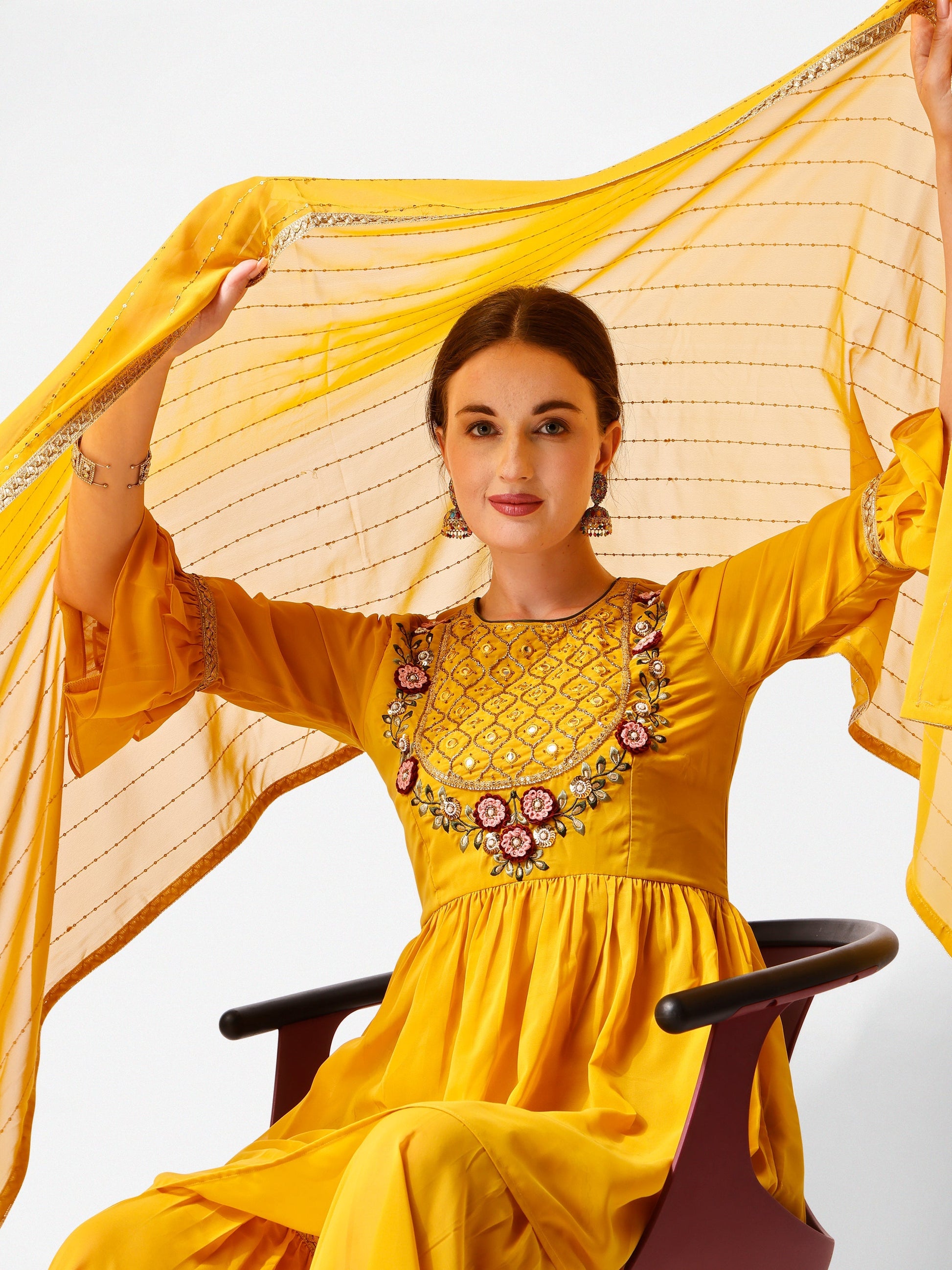 Hand Embroidered Kurta With Sharara And Dupatta Set, Multicolor - Hiral Fashion