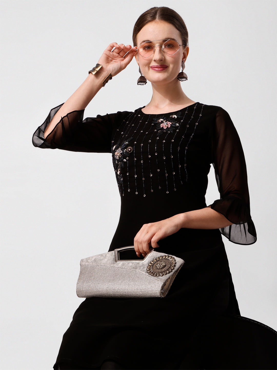 Georgette Black Kurta With Pant Set, Multicolor - Hiral Fashion