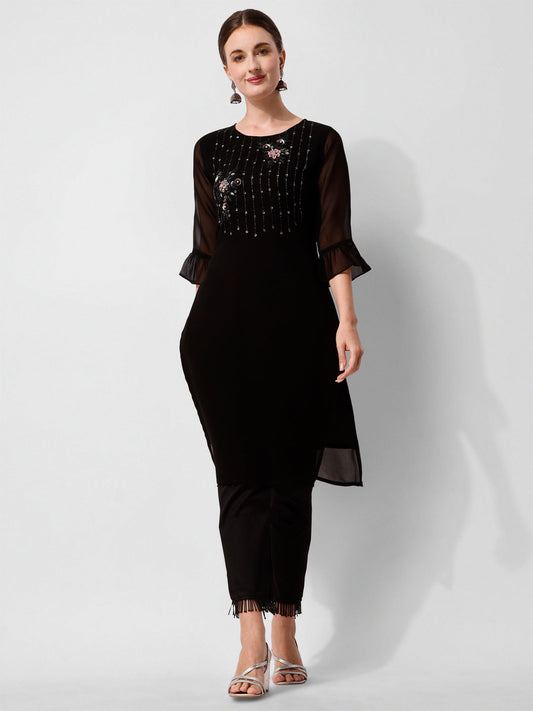 Georgette Black Kurta With Pant Set, Multicolor - Hiral Fashion