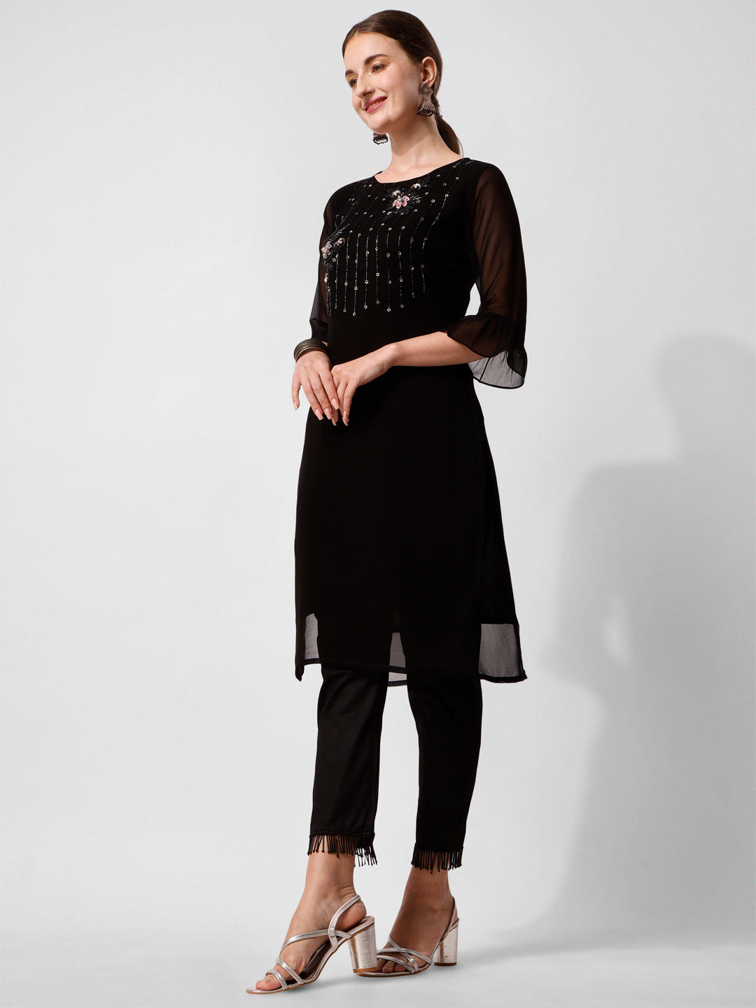 Georgette Black Kurta With Pant Set, Multicolor - Hiral Fashion