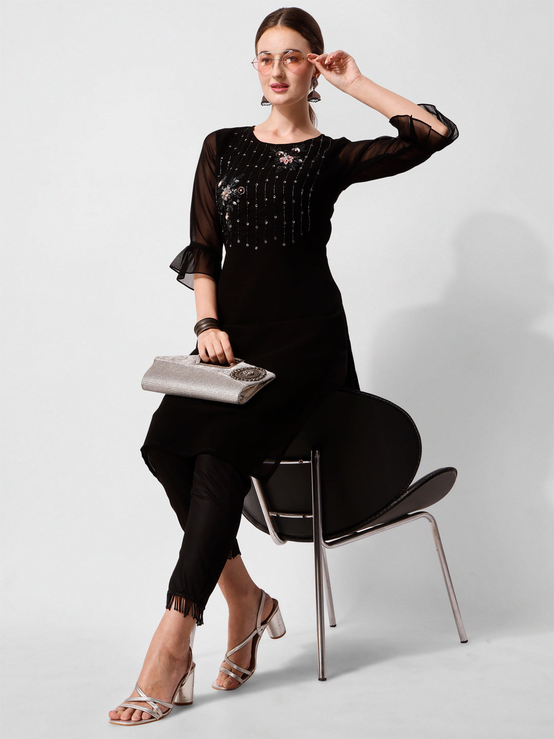 Georgette Black Kurta With Pant Set, Multicolor - Hiral Fashion