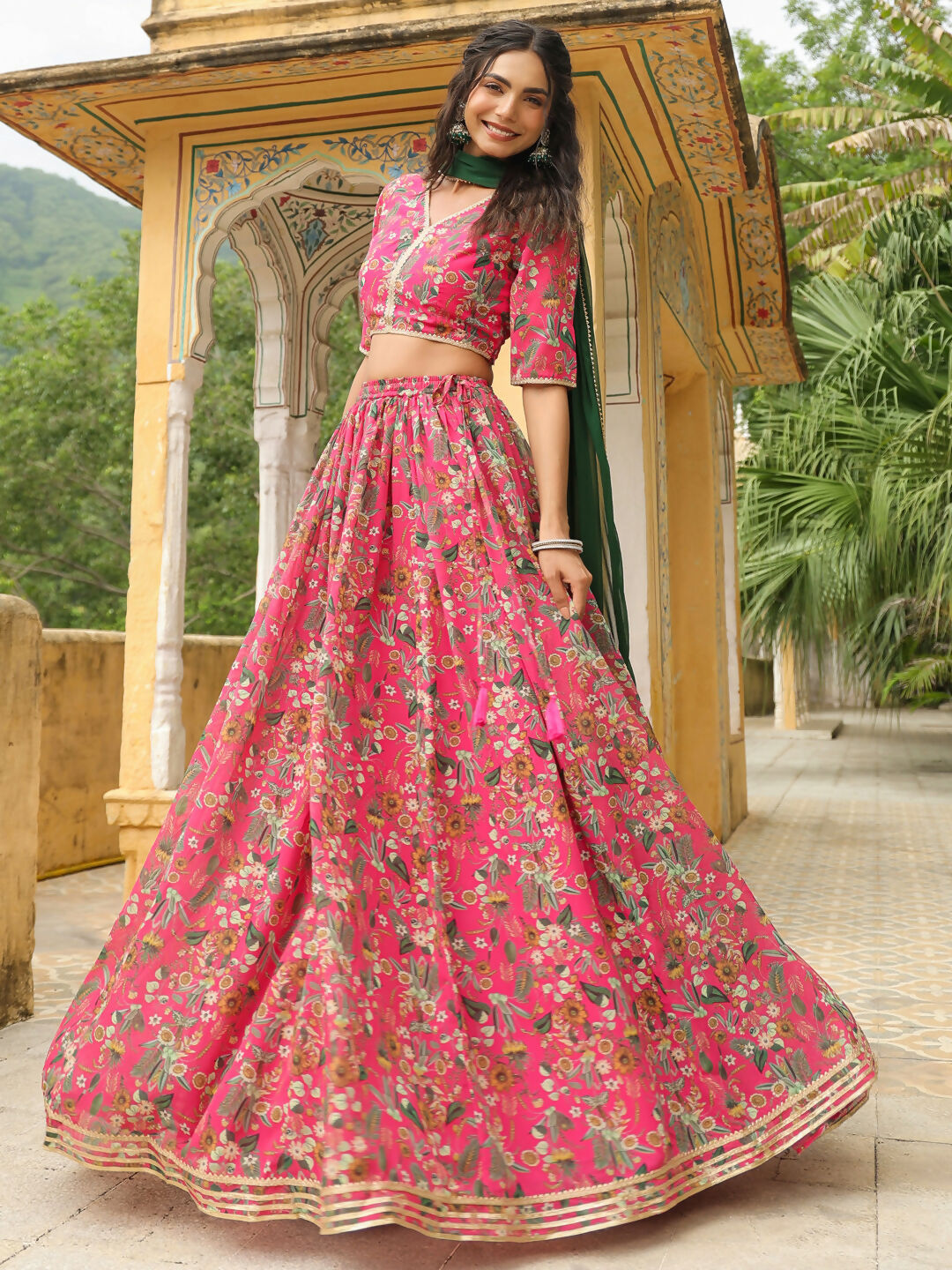 Janasya Pink Georgette Floral Lehenga Choli Dupatta 