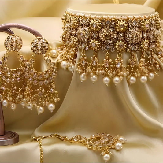 Jewel City Luxurious Kundan Choker Necklace Set with Pearl Drops - Bridal Indian Jewelry Collection | Grab2Buy