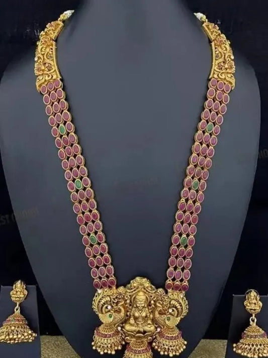 Jewel City Traditional Lakshmi Temple Jewellery Set - Antique Red Green Stone Long Necklace with Jhumka Earrings | Grab2Buy