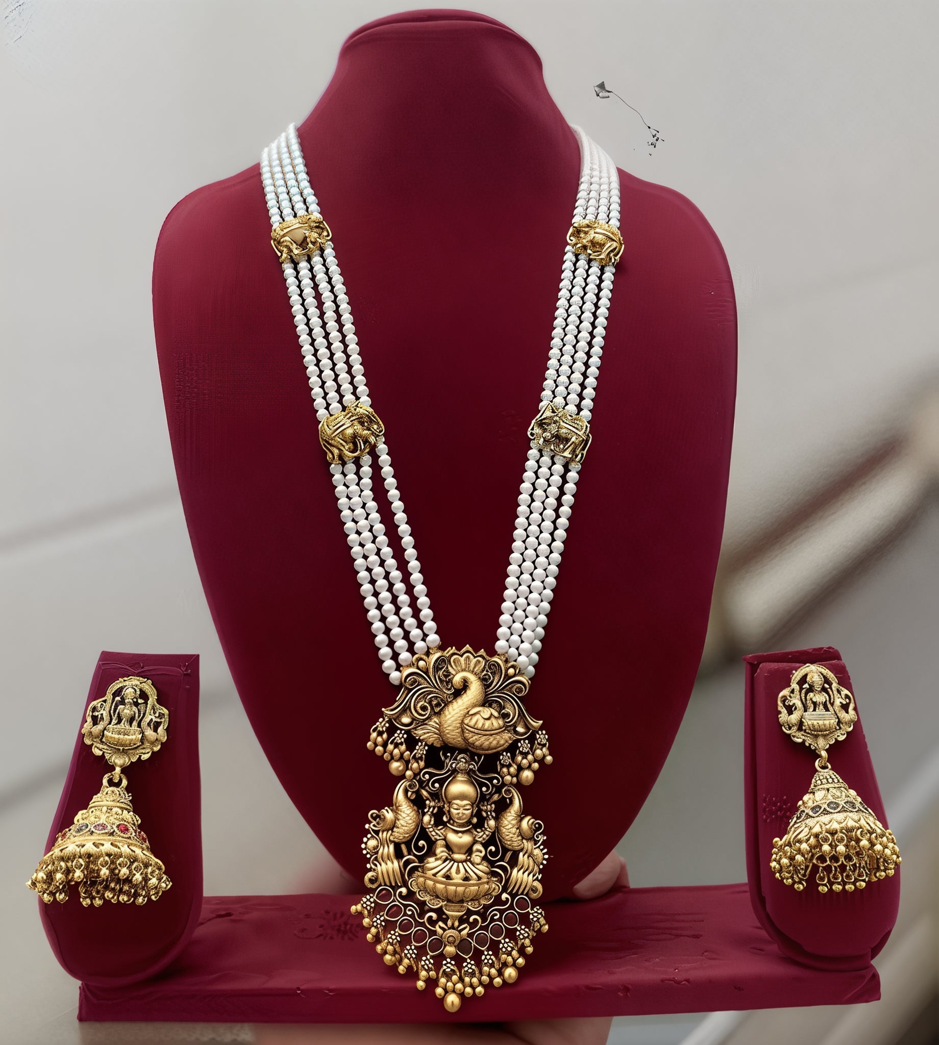 Jewel City Traditional Multi-Strand White Temple Lakshmi Pendant Necklace Set Antique Gold-Plated South Indian Bridal Jewelry Set | Swadesiicart